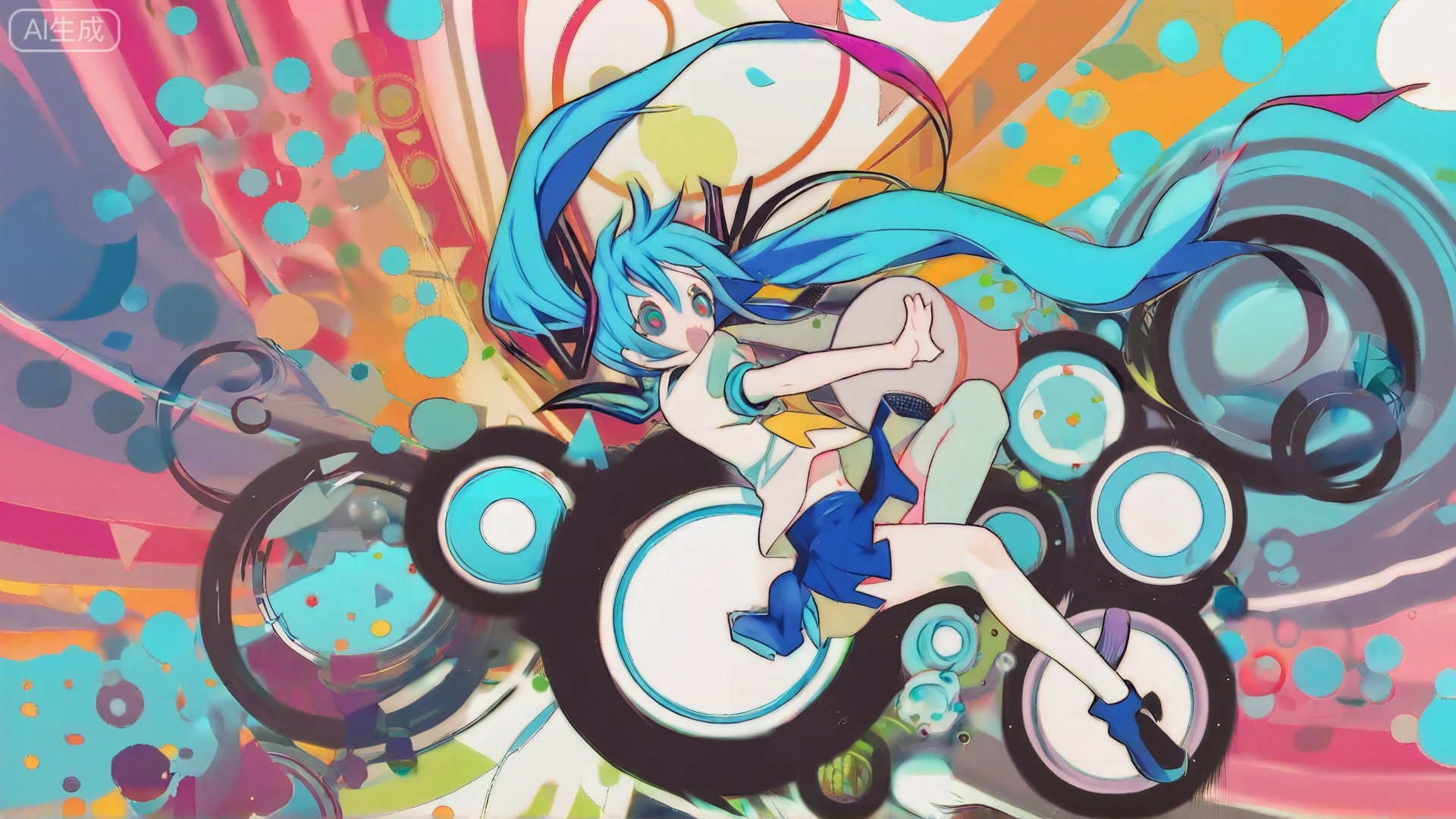 1 kawaii anime blue hair girl jumping in the picture , Frutiger Metro,vibrant,circles and rings,intricate dots and swirls,visually striking,black swirls and curves,dynamic swirling patterns,sense of movement, polka dots,varying dot sizes,unique and captivating abstract image,anime,illustration,abstract design