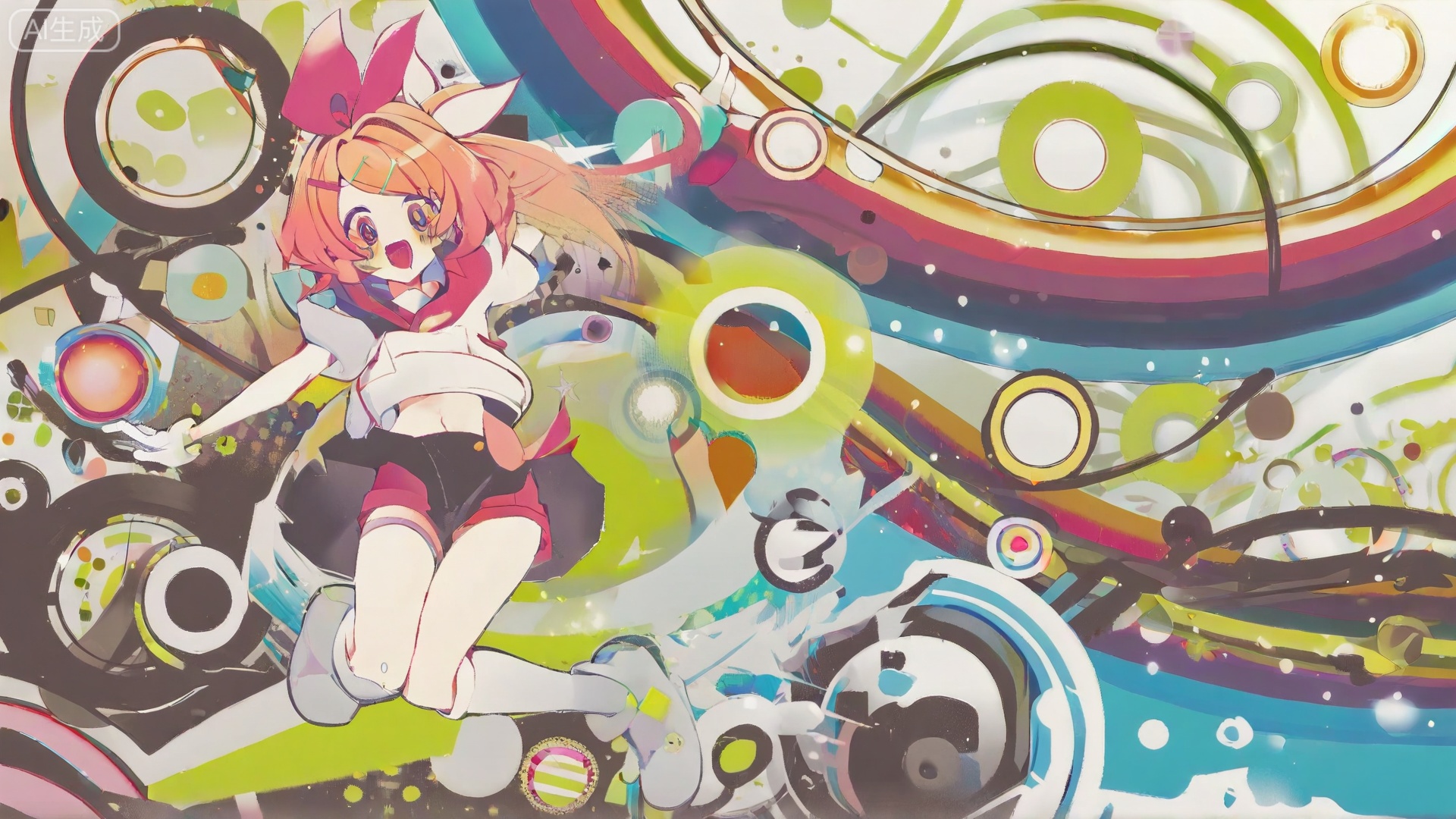 1 kawaii anime yello hair girl jumping in the picture , Frutiger Metro,vibrant,circles and rings,intricate dots and swirls,visually striking,black swirls and curves,dynamic swirling patterns,sense of movement, polka dots,varying dot sizes,unique and captivating abstract image,anime,illustration,abstract design