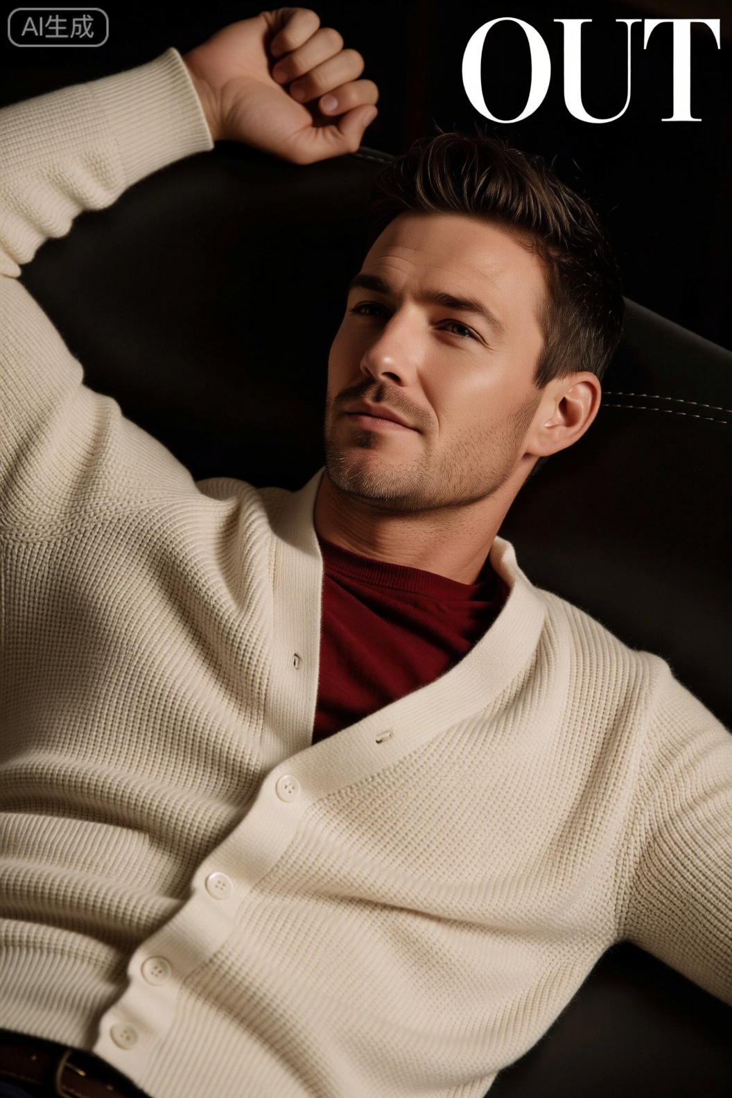 男士展现出独特的魅力与气质： 外貌神态：这位男士有着利落的短发,五官立体,深邃的眼眸平静且沉稳,透露出自信从容的气质。面部线条硬朗,嘴唇微微抿起,嘴角带着一丝若有若无的笑意,胡茬的点缀更增添了几分成熟男人的韵味。 服装搭配：他身着一件浅米色的开衫毛衣,毛衣质地柔软,纽扣整齐排列,增添了几分随性与休闲感。内搭酒红色的T 恤,色彩对比鲜明,凸显出他的时尚品味。 整体穿搭既舒适又不失格调,展现出一种低调的时尚感。 姿势动作：他半躺在深色的背景中,一只手握拳抬起,姿态自然且放松,展现出一种惬意闲适的状态, 与服装风格相呼应,进一步强化了画面中随性自在的氛围。 背景氛围：背景采用深色系,与人物浅色的毛衣和酒红色内搭形成鲜明对比,突出人物主体。“OUT” 字样可能暗示这是为某时尚或生活方式类杂志拍摄的写真, 整体营造出一种时尚、高级的杂志大片质感。xnz