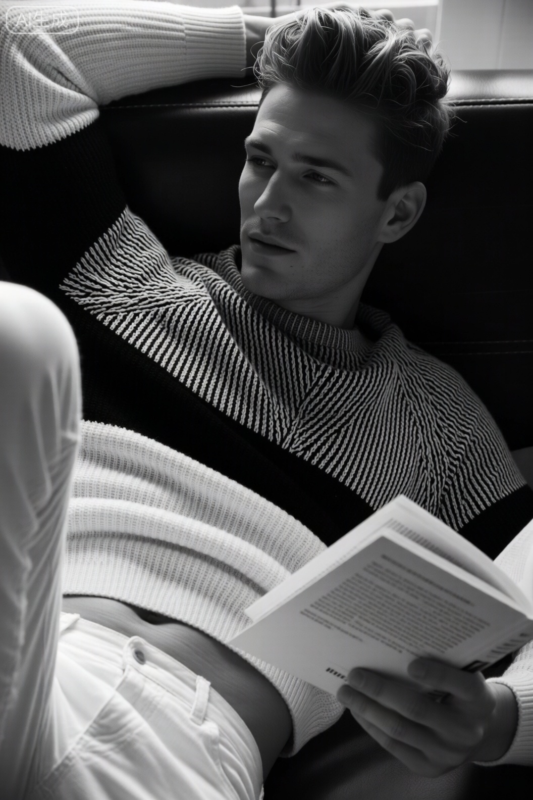 欧美男士呈黑白色调,穿条纹毛衣,半躺姿态,手持书籍,风格休闲随性。xnz