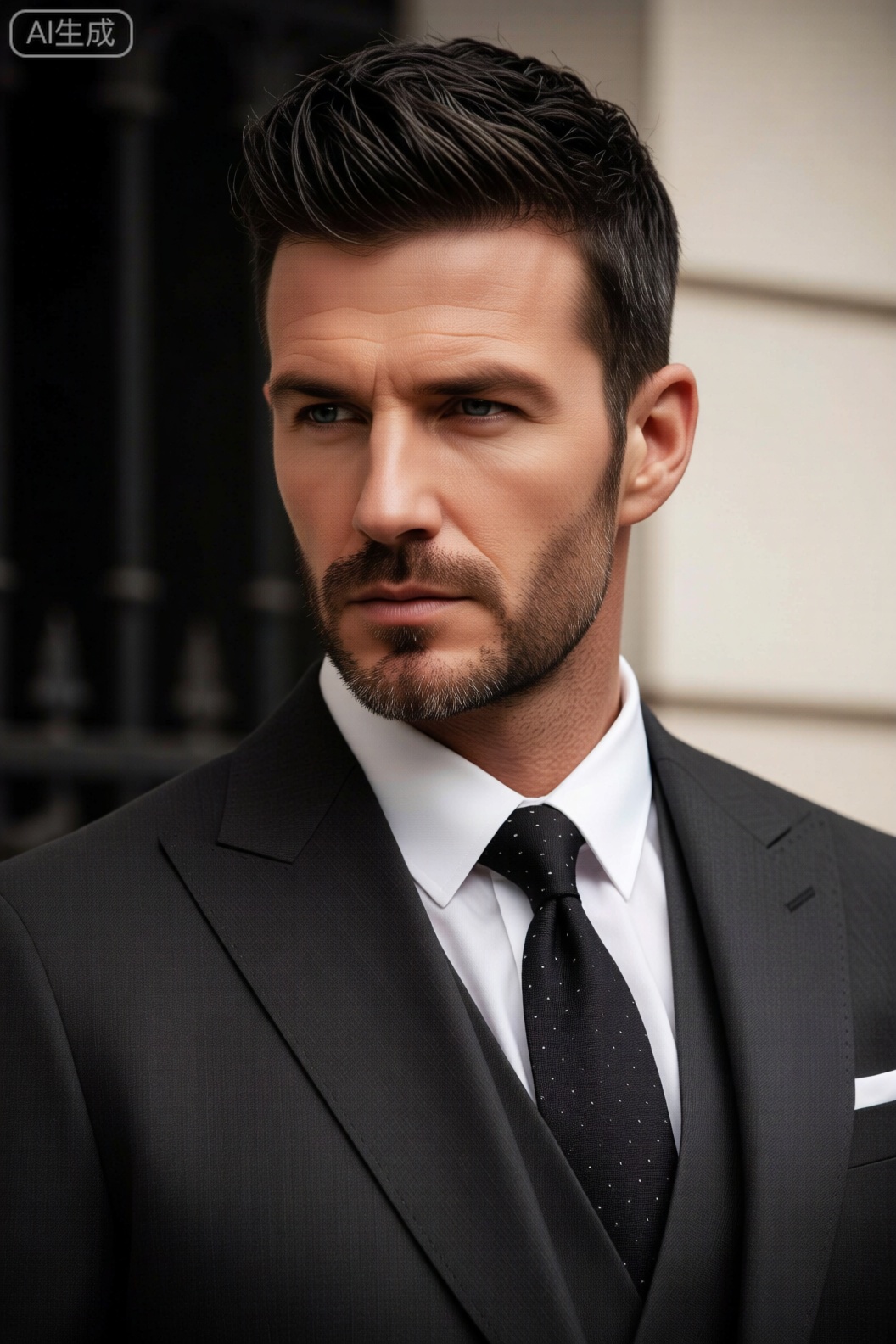 男士极具魅力,展现出成熟优雅的绅士气质,具体如下： 外貌特征：他拥有一头乌黑且富有层次感的短发,发型精致有型。面部轮廓极为立体,深邃的蓝色眼眸锐利有神,仿佛能洞察一切,高挺的鼻梁和线条分明的嘴唇,搭配精心修剪的胡须,尽显男性的阳刚与成熟魅力。 服装搭配：身着一套深灰色的西装,面料质感上乘,剪裁贴合身形,尽显干练与优雅。内搭洁白的衬衫,领口平整,搭配一条带有细小波点的黑色领带,为整体造型增添了一丝精致与细节感,整套穿搭经典又不失时尚,彰显出极高的穿搭品味。 背景与氛围：背景部分,一侧是深色的模糊建筑轮廓,营造出都市感和神秘感,而另一侧的浅色背景则形成鲜明对比,让人物更加突出。整体画面光线柔和且富有层次感,突出人物面部和服装的质感,呈现出一种时尚杂志大片的高级感。,xnz