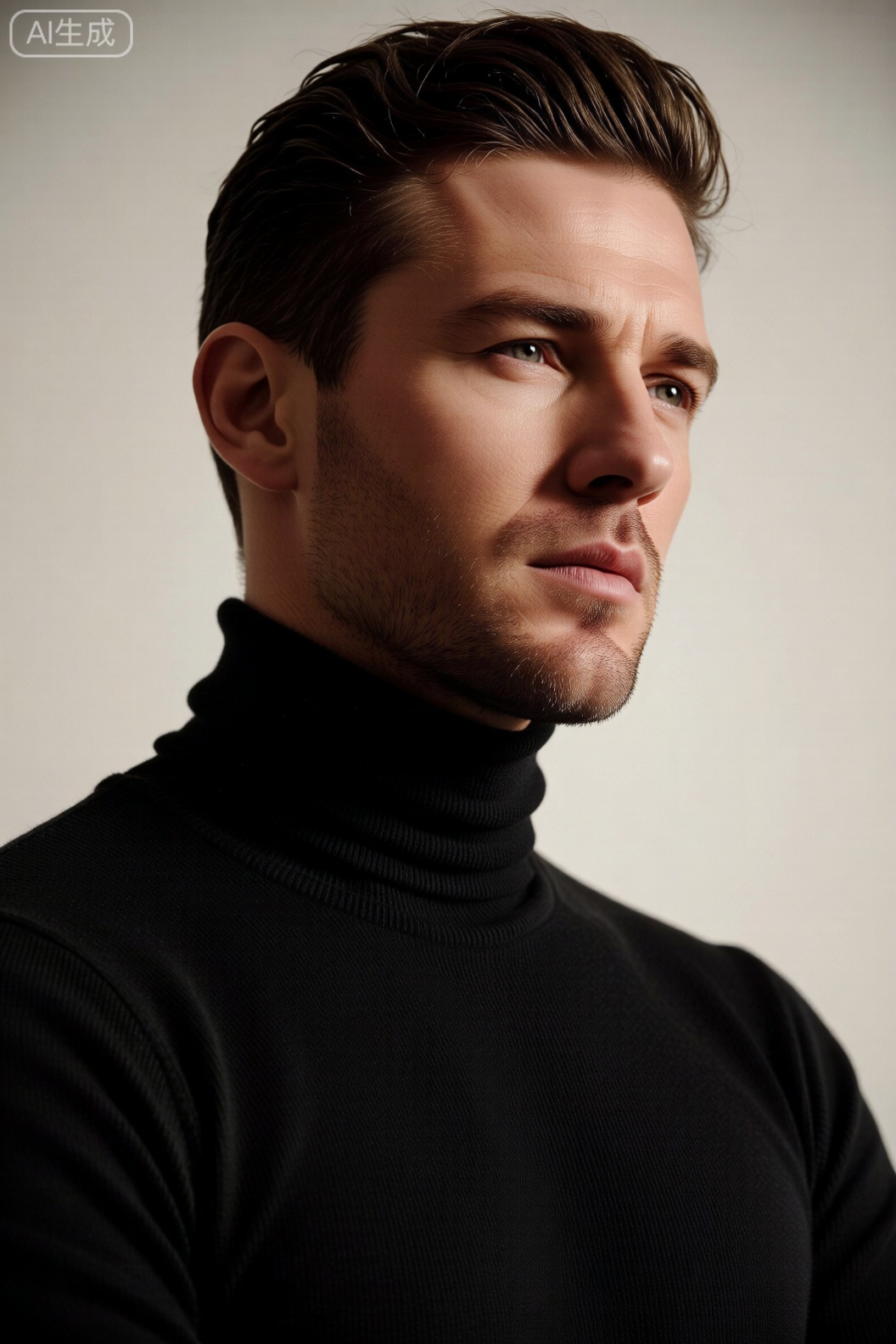xnz,omxn, A man in a black Turtleneck, Pectoral ,close - up composition, side light highlights contours, simple and fashionable style.