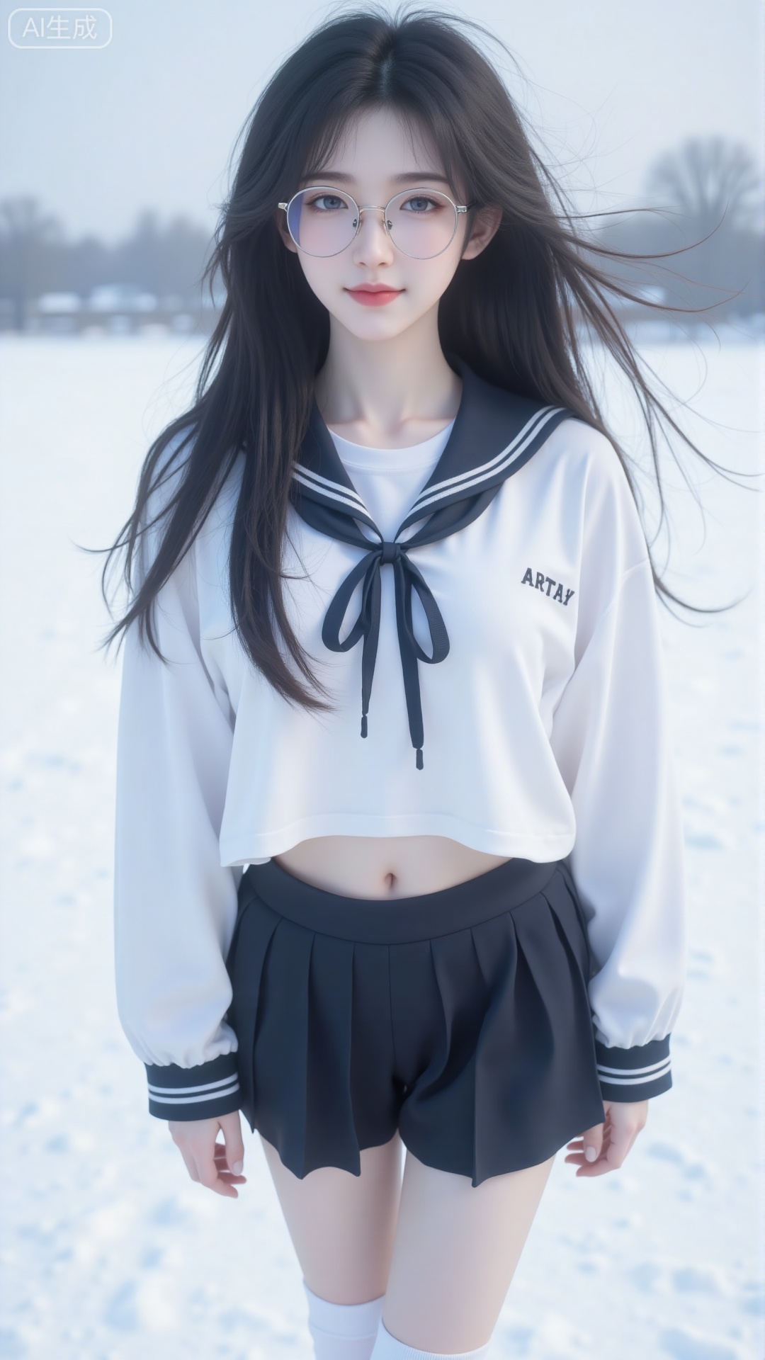 A beautiful young girl has silky black hair that reaches down to her waist. She is wearing a JK sailor suit, which consists of a white short-sleeved V-neck top and a black pleated miniskirt, paired with white knee-high socks. She has a charming face, with a pair of bright and clear eyes that are really appealing, and a tall and slender figure. She has long straight hair, wears silver-rimmed glasses, and has red lipstick on.
 
This is a full-length shot from a distance, featuring a Chinese style. The background is a snowy field, covered in white snow. The girl is standing on the snow and smiling directly at the camera. Her eyes are bright and expressive, her lips are slightly reddish, her skin is fair and delicate, and her figure is slender and graceful, exuding a healthy sense of beauty,Ninger