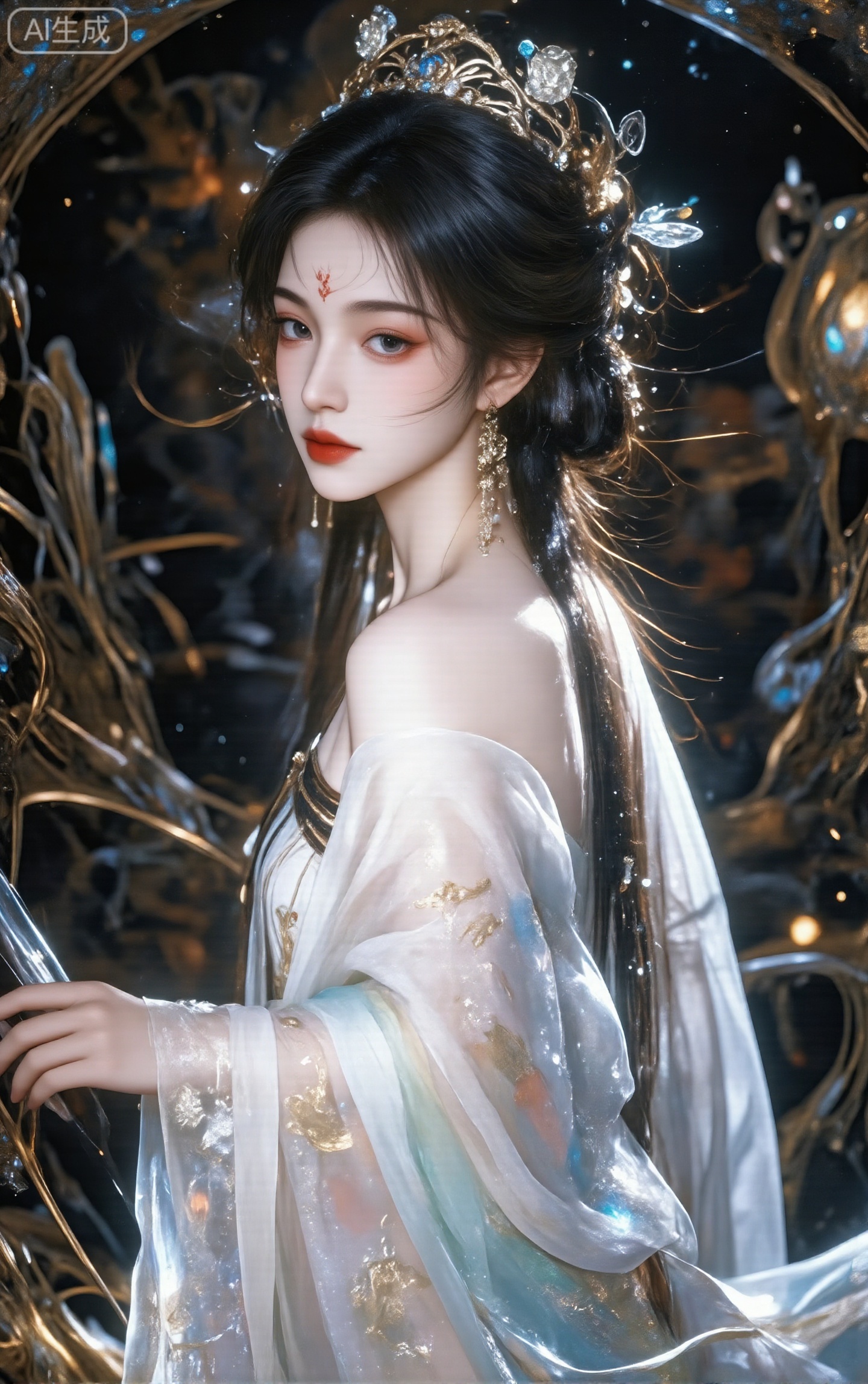 1girl, solo, long hair, looking at viewer, black hair, hair ornament, long sleeves, dress, bare shoulders, jewelry, upper body, earrings, parted lips, hair bun, white dress, from side, tiara, forehead mark, red lips,Ninger