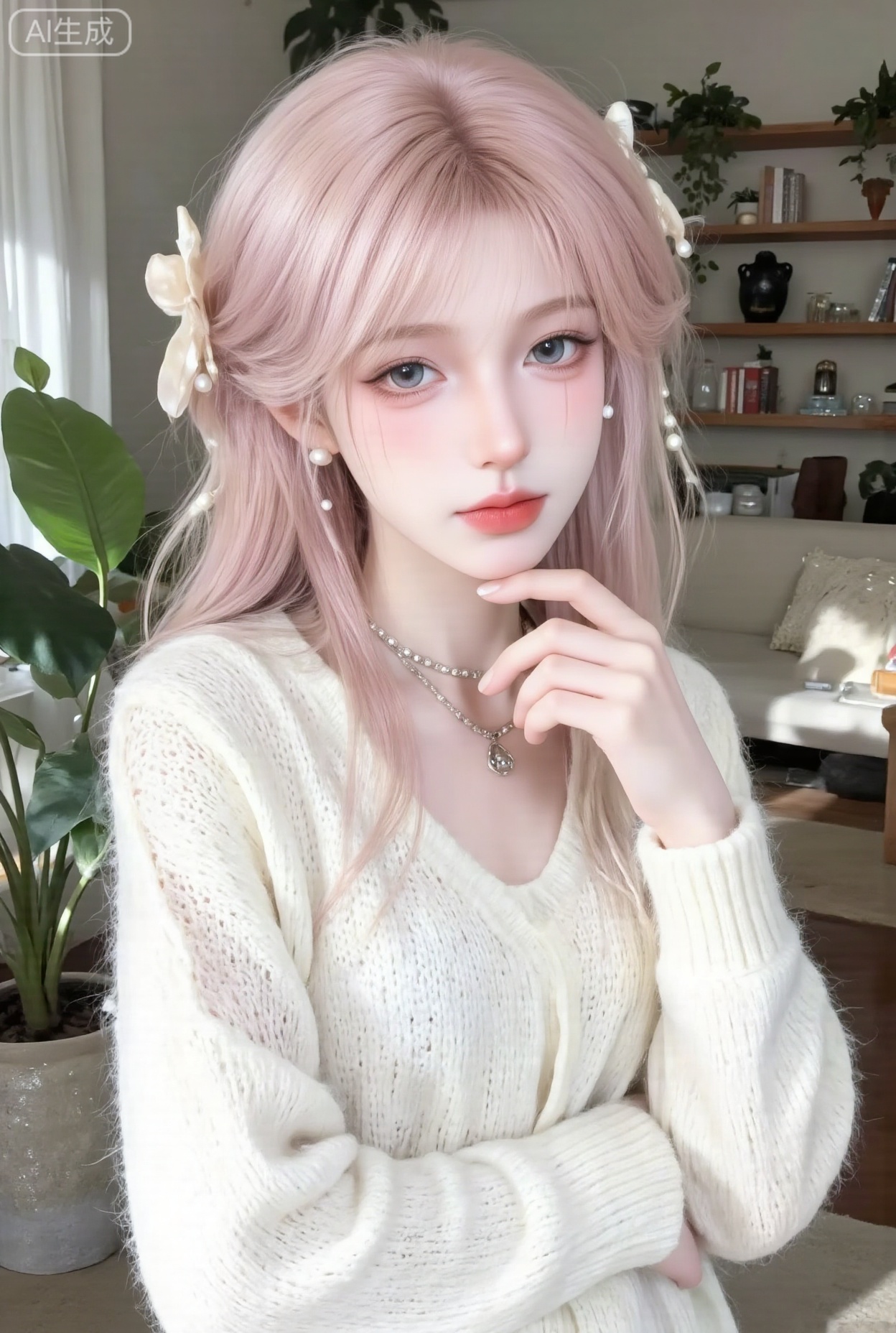1girl, fresh Japanese half-body photo, light pink shoulder-length short hair slightly curly, wearing pearl hairpins. A milky white knitted hollow sweater with a slightly open collarbone that reveals the delicate collarbone and thin silver necklace. Hold your chin with your right hand and gently pull the corner of your sweater with your left hand. Your cheeks are slightly red, your eyes are lively and innocent. The background is full of sunshine log bookshelf and green plants to create a gentle and sweet atmosphere.,Ninger