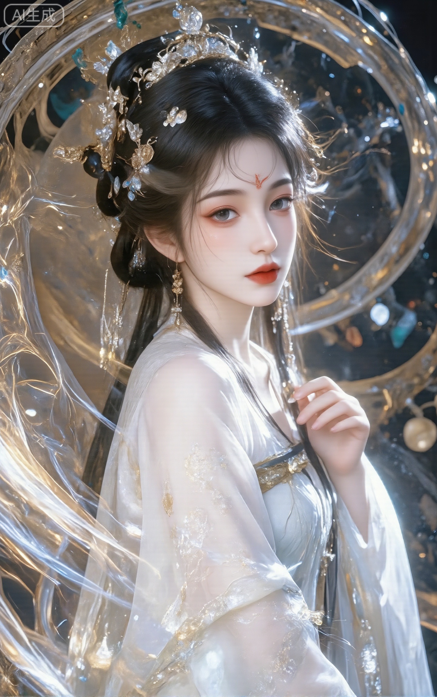 1girl, solo, long hair, looking at viewer, black hair, hair ornament, long sleeves, dress, bare shoulders, jewelry, upper body, earrings, parted lips, hair bun, white dress, from side, tiara, forehead mark, red lips,Ninger