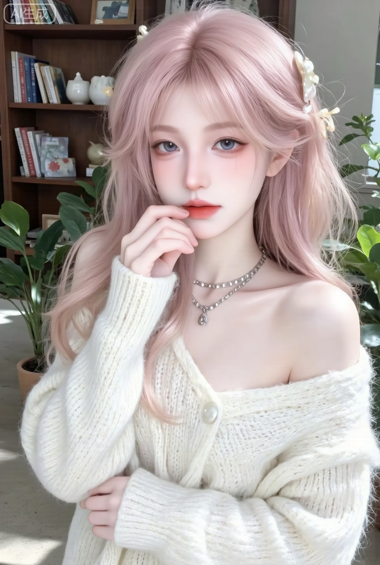 1girl, fresh Japanese half-body photo, light pink shoulder-length short hair slightly curly, wearing pearl hairpins. A milky white knitted hollow sweater with a slightly open collarbone that reveals the delicate collarbone and thin silver necklace. Hold your chin with your right hand and gently pull the corner of your sweater with your left hand. Your cheeks are slightly red, your eyes are lively and innocent. The background is full of sunshine log bookshelf and green plants to create a gentle and sweet atmosphere.,Ninger
