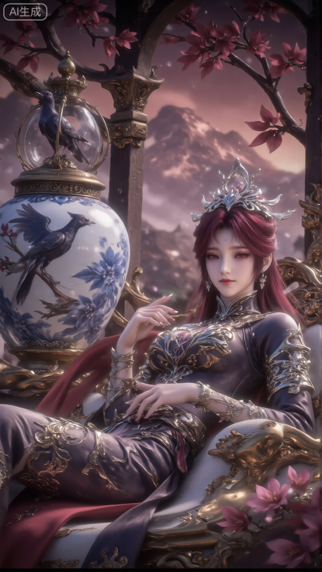 This painting depicts a quiet and elegant scene, in which a woman wears traditional clothes, which reminds people of East Asian fashion. She is lying in a black and red robe, with red hair and a bird in her hand. Next to her is a big blue and white porcelain birdcage with a black bird in it. The background is a beautiful window with beautiful mountains and clouds, surrounded by cherry blossoms and other flower elements. The overall atmosphere is quiet and artistic, with natural and traditional aesthetics as the mainstay.