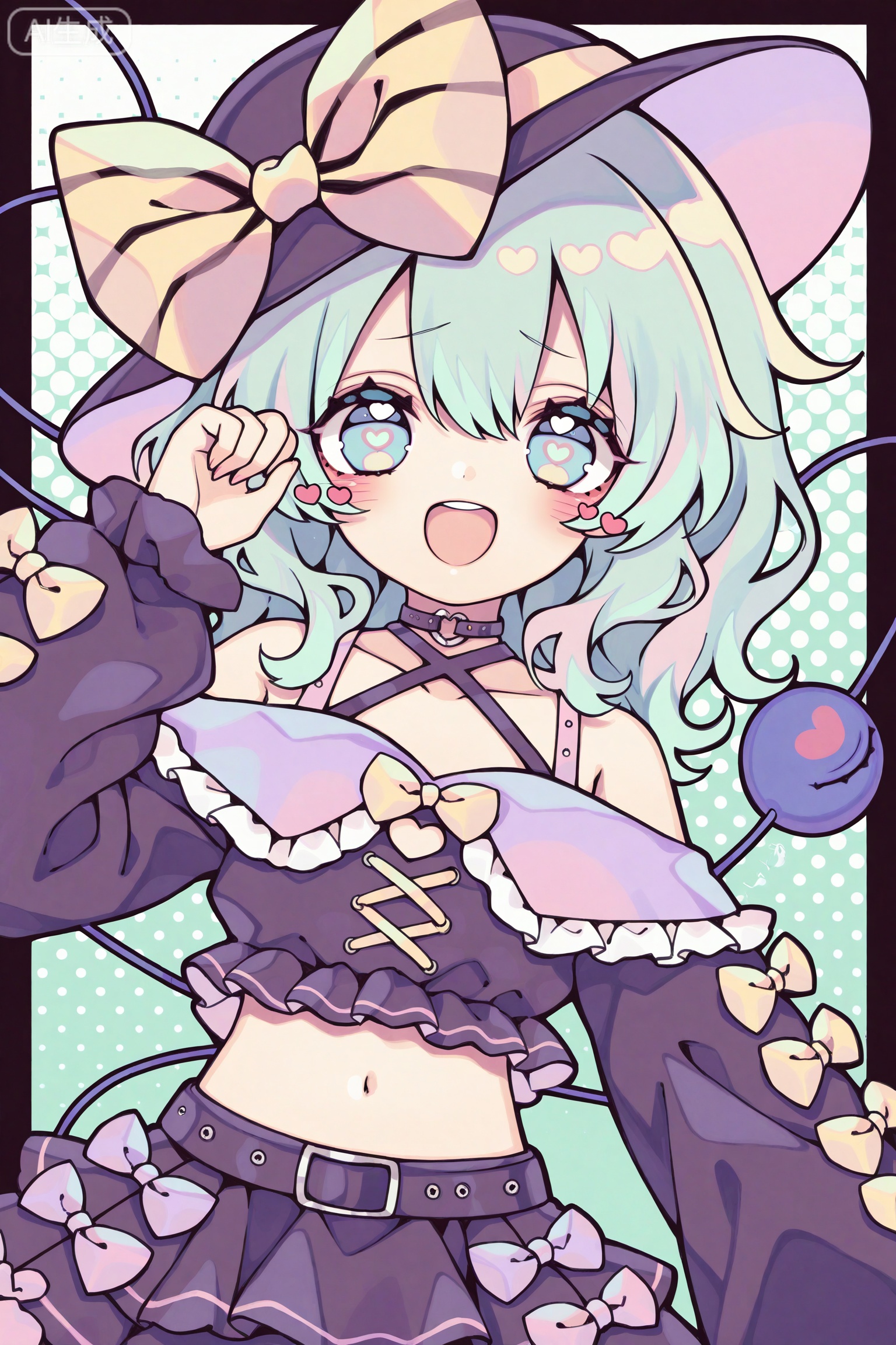 masterpiece,highres,absurdres,newest,best quality,loli,petite,high quality,Artist style:suzukannn, komeiji koishi, 1girl, heart, bow, hat bow, hat, solo, skirt, smile, open mouth, heart-shaped pupils, third eye, yellow bow, long sleeves, shirt, striped bow, navel, black headwear, symbol-shaped pupils, bare shoulders, hair between eyes, alternate costume, purple bow, black skirt, teeth, frills, purple skirt, black shirt, off-shoulder shirt, looking at viewer, green background, green hair, blush, adapted costume, heart choker, off shoulder, midriff, collarbone, pink bow, choker, puffy sleeves, crop top, hat ribbon, puffy long sleeves, short hair, :d, polka dot background, green eyes, upper teeth only, black border, medium hair, multicolored skirt, heart o-ring, polka dot, border, halterneck, purple choker, collar, purple belt, criss-cross halter, heart in eye, purple shirt, multicolored bow, multicolored background, standing, bow skirt, layered skirt, yellow ribbon, hand up, pillarboxed, eyeball, symbol in eye, purple headwear, blue eyes