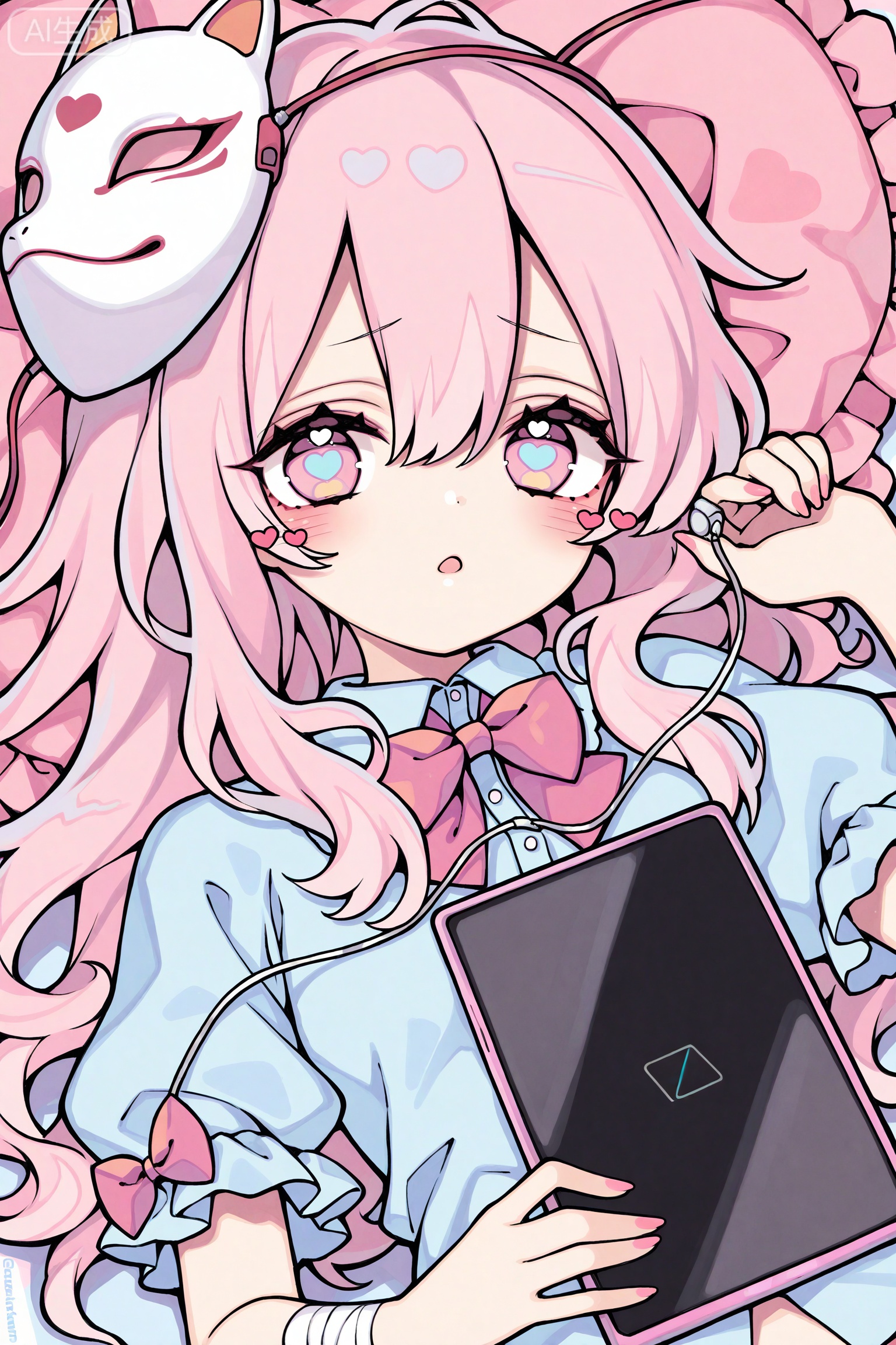 masterpiece,highres,absurdres,newest,best quality,loli,petite,high quality,Artist style:suzukannn, hata no kokoro, 1girl, pink hair, long hair, solo, pink eyes, short sleeves, shirt, blue shirt, mask, heart-shaped pillow, puffy short sleeves, hair between eyes, pink bow, letterboxed, tablet pc, puffy sleeves, on back, triangle, lying, bow, mask on head,  open mouth, looking at viewer, upper body, pillow, twitter username, pink nails, collared shirt, bandages, nail polish, blush, earphones
