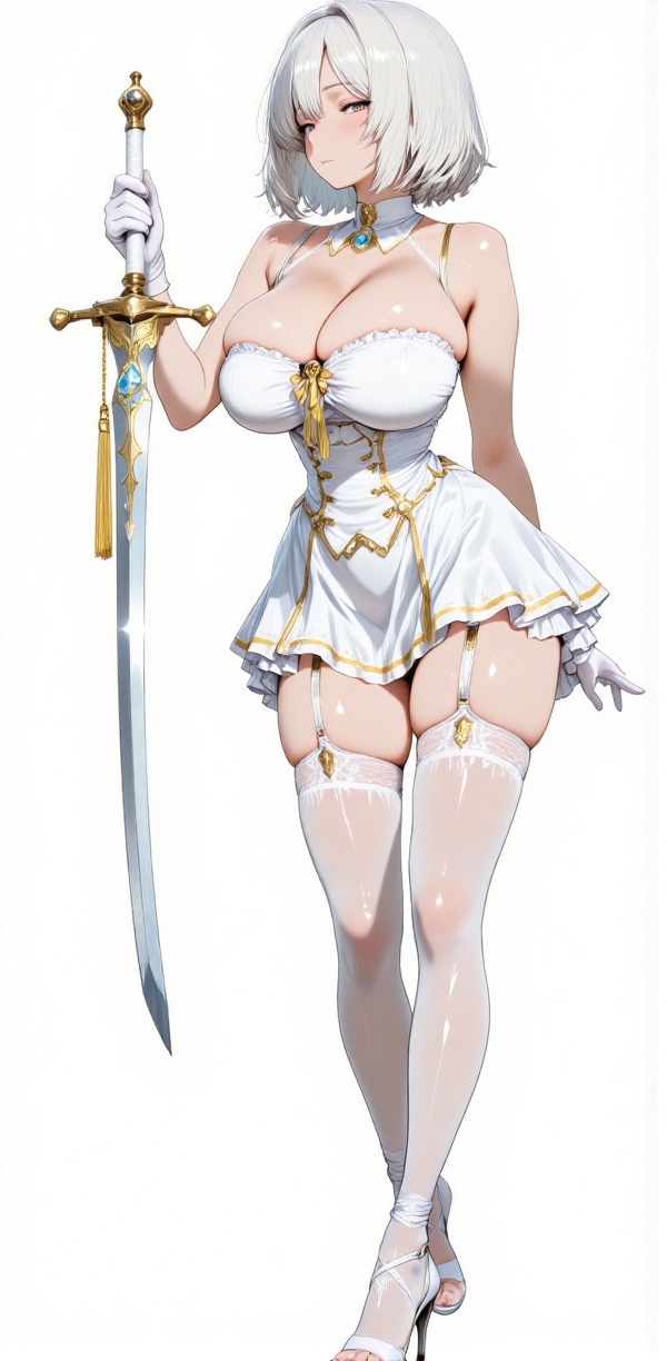 The image depicts a stylized,  anime-style character with short white hair,  wearing a white corset-like top and a frilled...