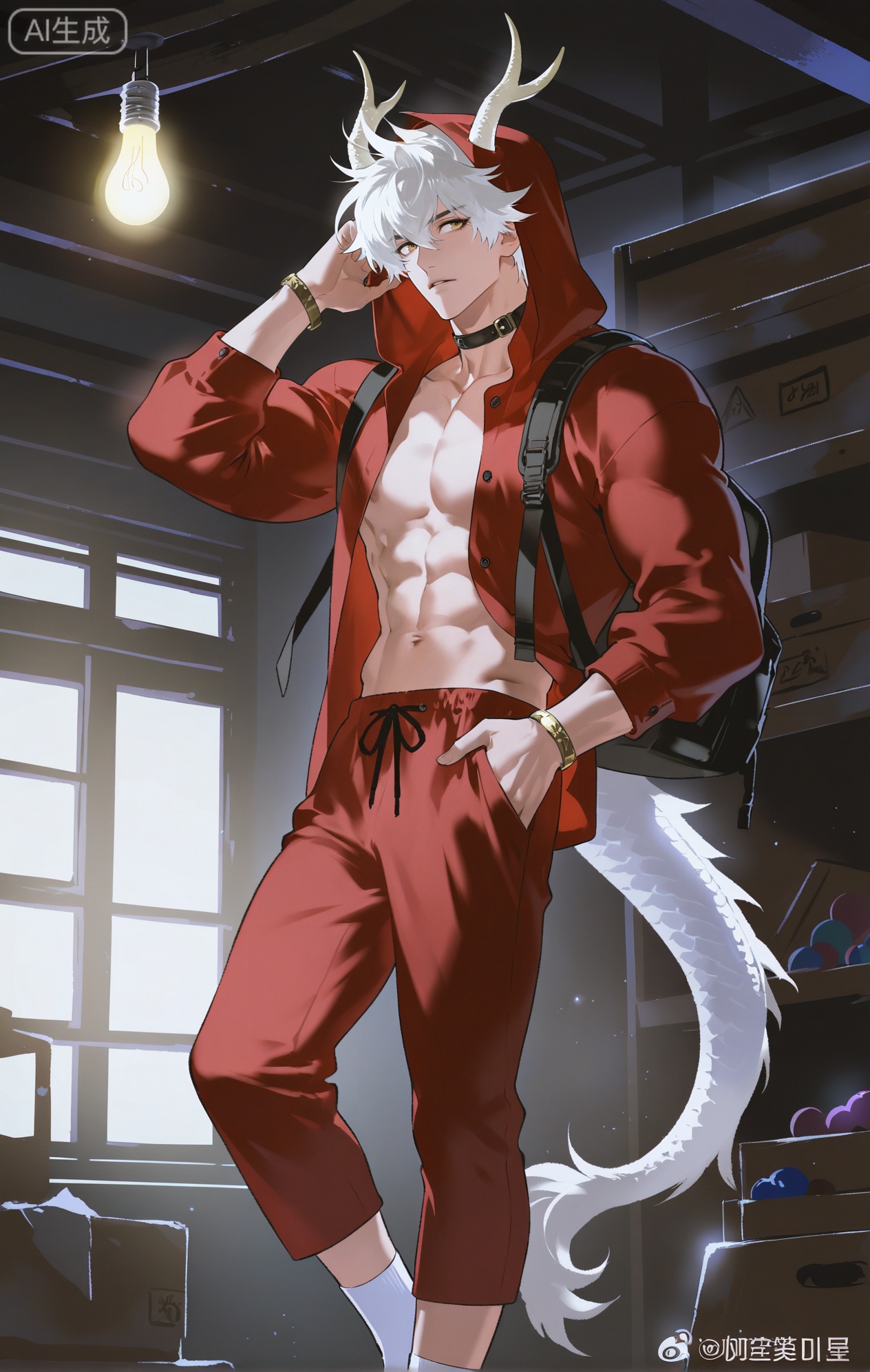 Small note art style,,xiaozhitiao,yu xuan,multicolored hair,White dragon tail,White dragon horns,yellow eyes,white hair,blonde hair,1boy,bangs ,socks,white socks,dianmei (artist:mazjojo:0.53),(artist:pigeon666:0.37),(artist:zawar379:0.57),(artist:remsrar:0.35),(artist:yoneyama mai:0.64),(yokoyari mengo:0.6),1boy,male focus,solo,short, messy hair,hooded pajamas,hood up, a plaid scarf in red and black around his neck, muscular abs on display as he stands in a cluttered storage room. He's sorting through boxes filled with old toys, tools, and knick - knacks. There's a cobweb in one corner, and a single lightbulb hanging from the ceiling provides a dim, yellowish light.