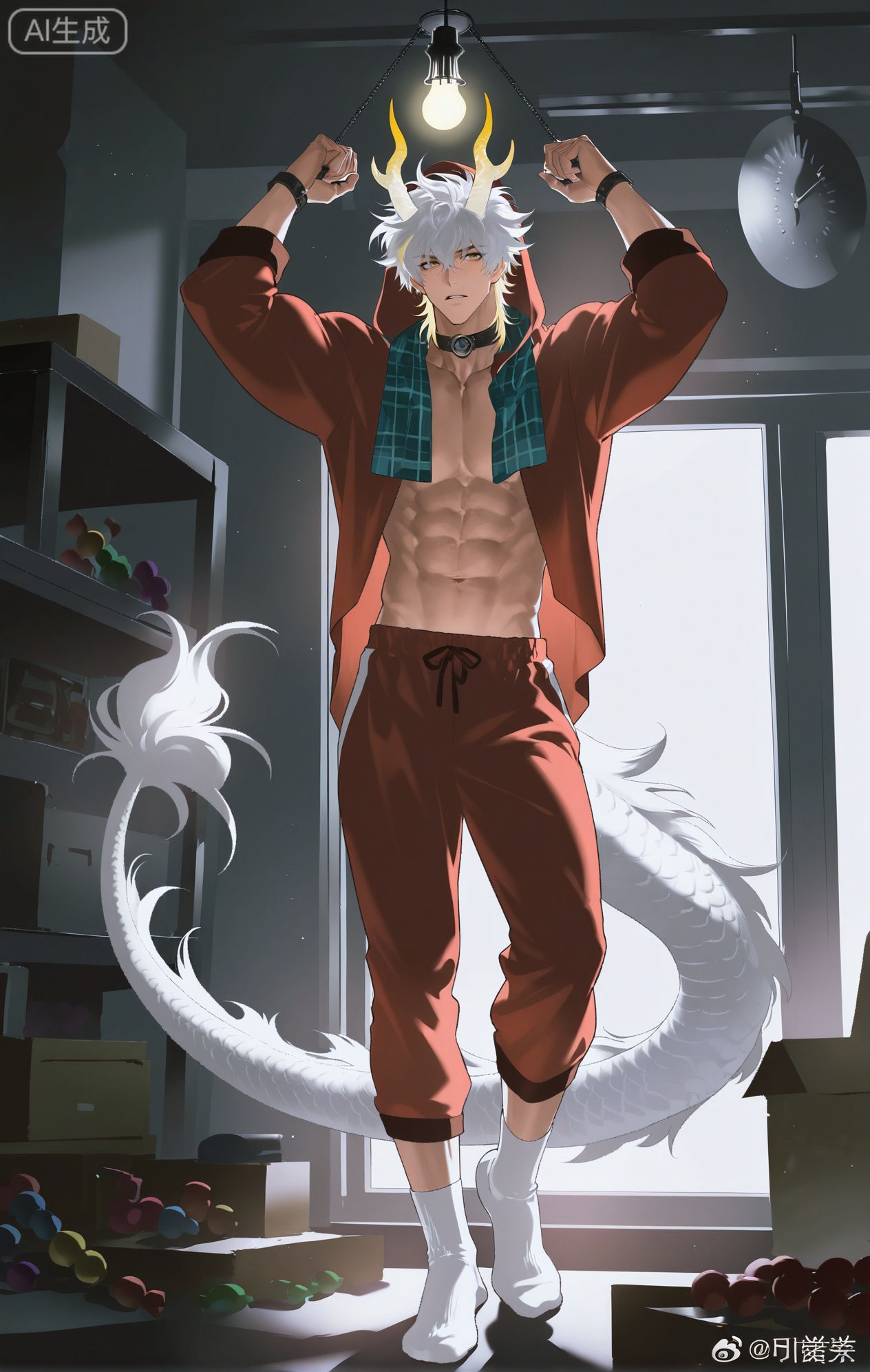 Small note art style,,xiaozhitiao,yu xuan,multicolored hair,White dragon tail,White dragon horns,yellow eyes,white hair,blonde hair,1boy,bangs ,socks,white socks,dianmei (artist:mazjojo:0.53),(artist:pigeon666:0.37),(artist:zawar379:0.57),(artist:remsrar:0.35),(artist:yoneyama mai:0.64),(yokoyari mengo:0.6),1boy,male focus,solo,short, messy hair,hooded pajamas,hood up, a plaid scarf in red and black around his neck, muscular abs on display as he stands in a cluttered storage room. He's sorting through boxes filled with old toys, tools, and knick - knacks. There's a cobweb in one corner, and a single lightbulb hanging from the ceiling provides a dim, yellowish light.