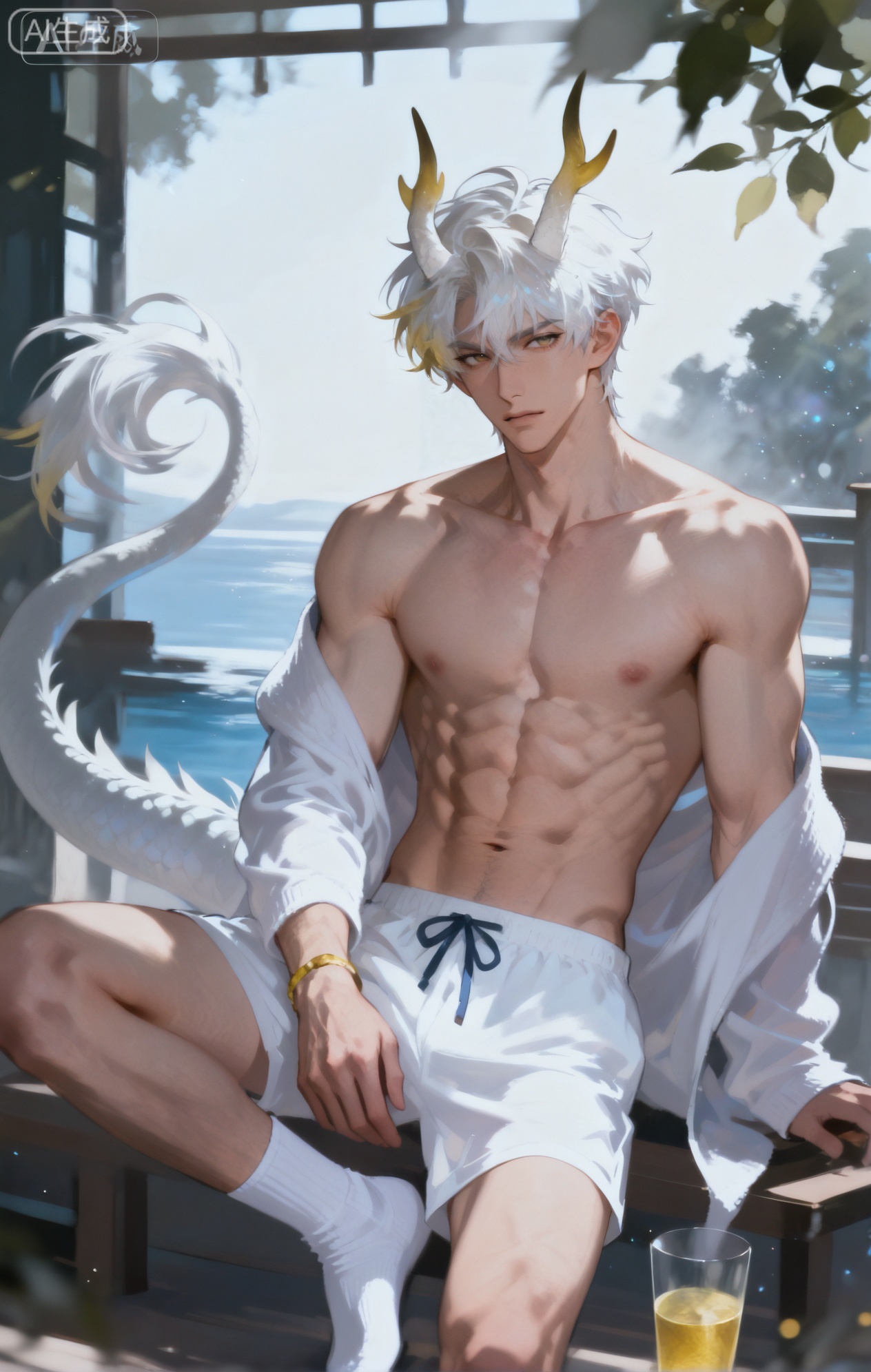 Small note art style,,xiaozhitiao,yu xuan,multicolored hair,White dragon tail,White dragon horns,yellow eyes,white hair,blonde hair,1boy,bangs ,socks,white socks,dianmei (artist:mazjojo:0.53),(artist:pigeon666:0.37),(artist:zawar379:0.57),(artist:remsrar:0.35),(artist:yoneyama mai:0.64),(yokoyari mengo:0.6),1boy,male focus,solo,medium - length wavy hair,hooded pajamas,hood down, a light - brown knitted scarf draped over his shoulders, his toned abs visible as he dozes off in a hammock on a wooden patio. The hammock is strung between two posts, and there's a small side table with a half - read book and a glass of lemonade. Potted ferns line the edges of the patio, and the afternoon sun casts a warm, yellow glow.