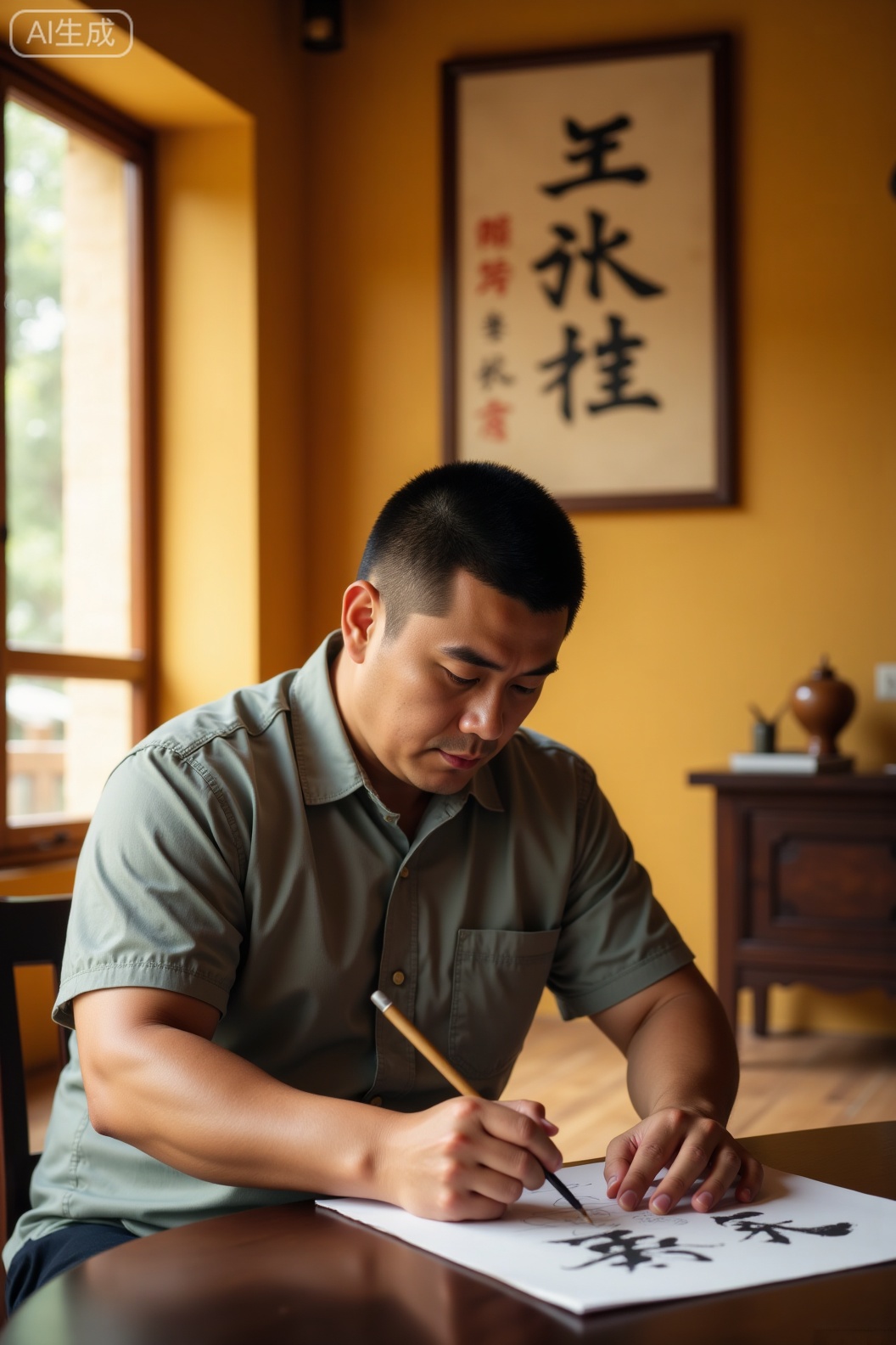 He was wearing a short sleeved shirt, and a muscular man was practicing Chinese calligraphy in a traditional room. He held a brush and wrote on rice paper. The room has warm yellow walls, a sunny window, and traditional furniture, creating a cultural and peaceful atmosphere.