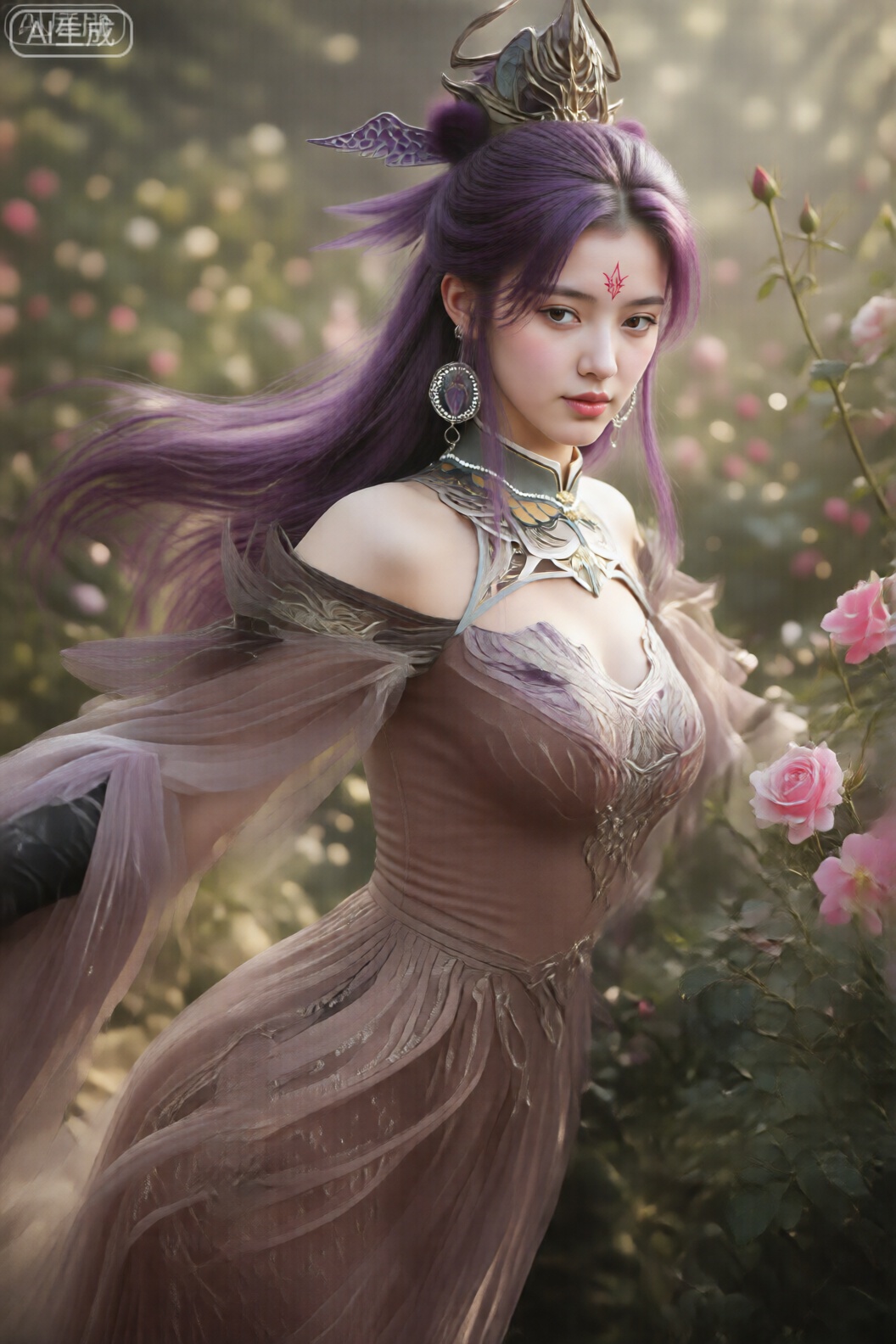 图像中的角色有着长长的、飘逸的紫色头发,有些发丝在风中飘扬。耳朵上挂着大大的圆形耳环,额头上有一个红色标记。司幼幽,
真实摄影,一位气质优雅的真人美女,身穿柔纱材质的香槟色鱼尾晚礼服,勾勒出完美身材。她置身于清晨的古典玫瑰园中,柔和温暖的晨光透过花丛,形成美丽的光斑。精致的壁纸风,细节极度丰富,能看清礼服上的细腻纹理和花瓣上的露珠。使用索尼A7 IV, 50mm f/1.4 镜头, f/2.0 光圈, ISO 100, 曝光精准,色彩柔和自然。