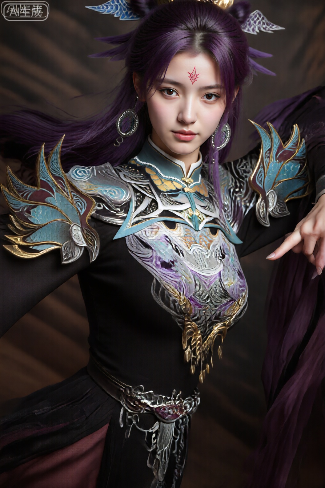 图像中的角色有着长长的、飘逸的紫色头发,有些发丝在风中飘扬。该角色穿着精心设计的服装：黑色和紫色长袍,上面有银色、金色和蓝色的复杂刺绣。胸甲上有带有金属装饰的漩涡图案,肩甲呈翼形,以蓝色和金色装饰,并饰有细致的金银丝。耳朵上挂着大大的圆形耳环,额头上有一个红色标记。背景是黑暗的,暗示室内环境,柔和的灯光突出了服装的细节。 。。美颜,司幼幽