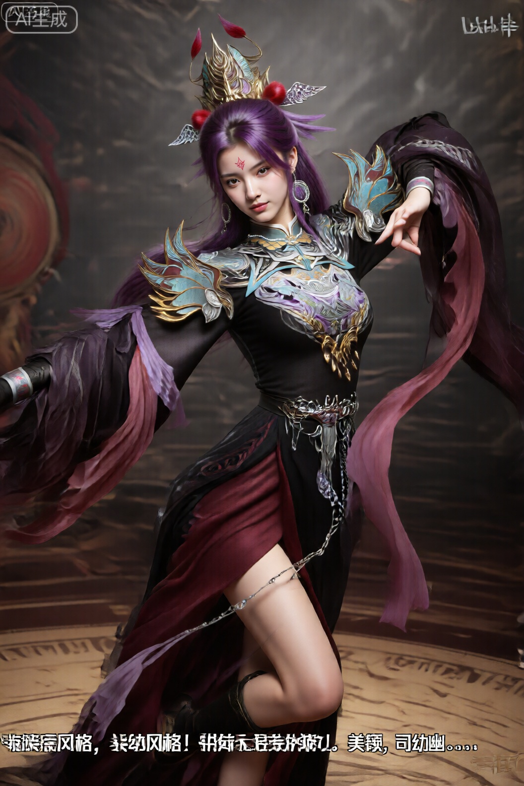 图像中的角色有着充满活力的紫色长发,扎着高马尾辫,戴着带有红色和银色装饰的金色王冠。该角色的服装精致华丽,由黑色和紫色长袍组成,长袍上有金色、蓝色和紫色的复杂图案。袍袖宽大飘逸,粉紫色的布料显得飘逸,增添了画面的动感。该角色的上半身部分暴露,露出了带有蓝色和金色点缀的精致金属外观胸件。该角色戴着大耳环,额头上有红色宾迪。背景光线昏暗,左侧有一个类似鼓或盾牌的圆形物体,还有带图案的地板,暗示着仪式或神圣的空间。整体美感充满戏剧性和奇幻性,注重丰富的色彩和复杂的细节。图像底部有汉字文字,表明人物外观的风格和威严。。。美颜,司幼幽