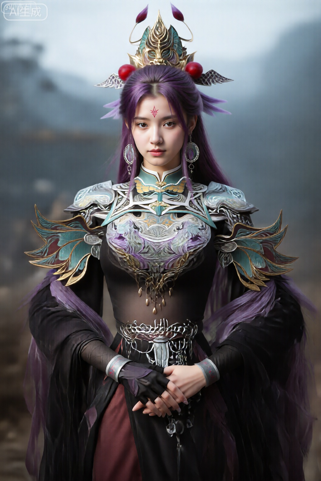一个有着长长的、充满活力的紫色头发的人站在图像的中心。他们穿着华丽、精致的服装,结合了金属盔甲和飘逸的织物。盔甲设计复杂,混合了银色、金色和柔和的颜色,包括青色和紫色。它覆盖肩膀和上胸部,肩膀上有翅膀状的延伸。这个人的头上戴着一顶金色的王冠,王冠上有红色的浆果状饰物和小型的带翅膀的装饰。他们的脸庞清晰,表情平静,额头上有一个红色的小印记。 这套服装包括一件黑色合身的衣服,下面是一件紫色和黑色色调的飘逸长袍。该人的双手在前面握在一起,戴着与服装整体配色方案相匹配的无指手套。他们的腰间系着一条精致的金属腰带,上面悬挂着饰物。背景很模糊,但暗示着雾蒙蒙的户外环境,光线柔和、漫射。总体印象是来自奇幻或历史背景的角色,重点是复杂的服装设计和富丽堂皇的外观。。美颜,司幼幽