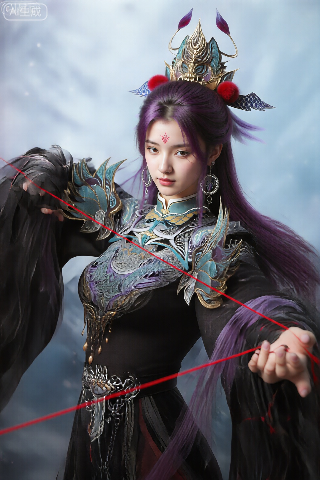 该图像描绘了一个幻想人物,有着长长的、飘逸的紫色头发,顶部有蓬松的造型。她戴着华丽的金色王冠,上面装饰着蓝色和红色的装饰,包括翅膀状的装饰和红色的绒球。她的服装是一件黑色长袍,上面有复杂的银色和蓝色图案,肩部饰有翼形装饰,胸部和腰部有细致的刺绣。她额头上有一个红色印记,戴着大圆形耳环。红绳从她手中伸出,在她面前形成了一个十字形。背景是浅蓝色和白色的柔和空灵的混合,带有微妙的闪光,增强了神秘的气氛。整体设计非常细致,重点是精致的服装元素和奇幻主题。美颜