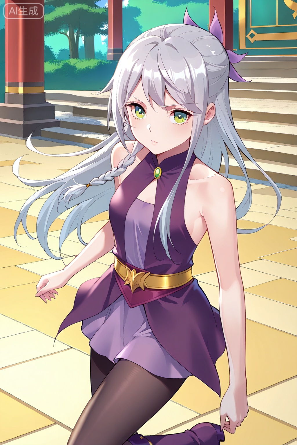 叶琉璃,1girl, solo, gray hair, loose hair, long hair, small braid, green eyes, small breasts,purple dress, short skirt, black tights, purple boots, sleeveless dress, bare shoulders, gold belt,