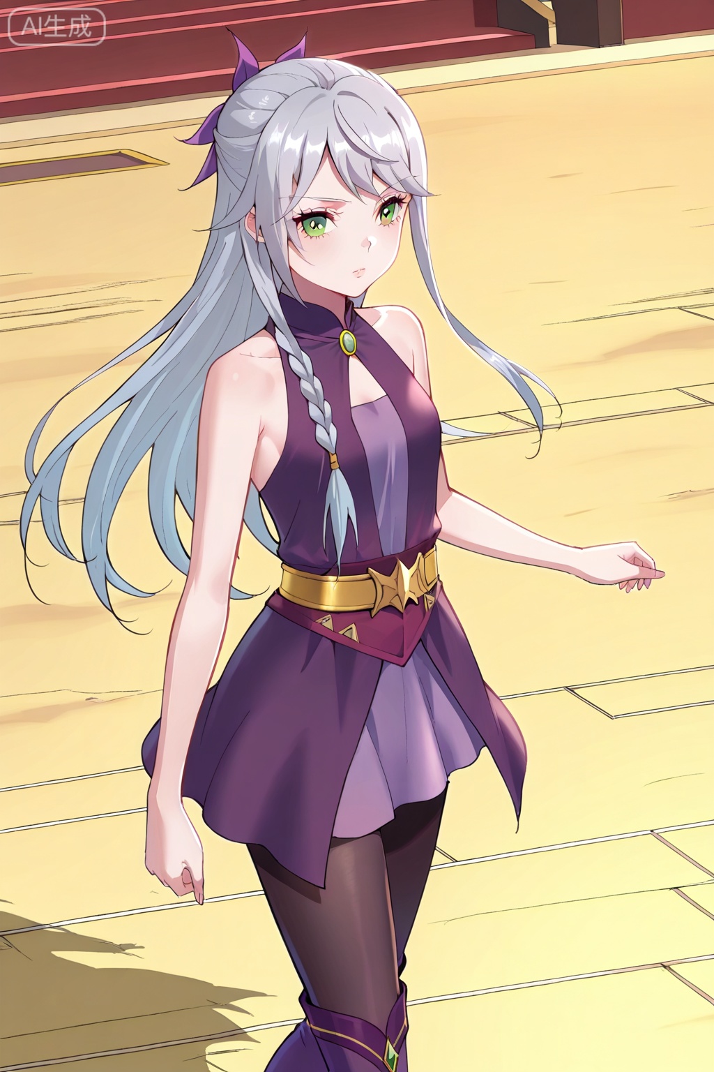叶琉璃,1girl, solo, gray hair, loose hair, long hair, small braid, green eyes, small breasts,purple dress, short skirt, black tights, purple boots, sleeveless dress, bare shoulders, gold belt,