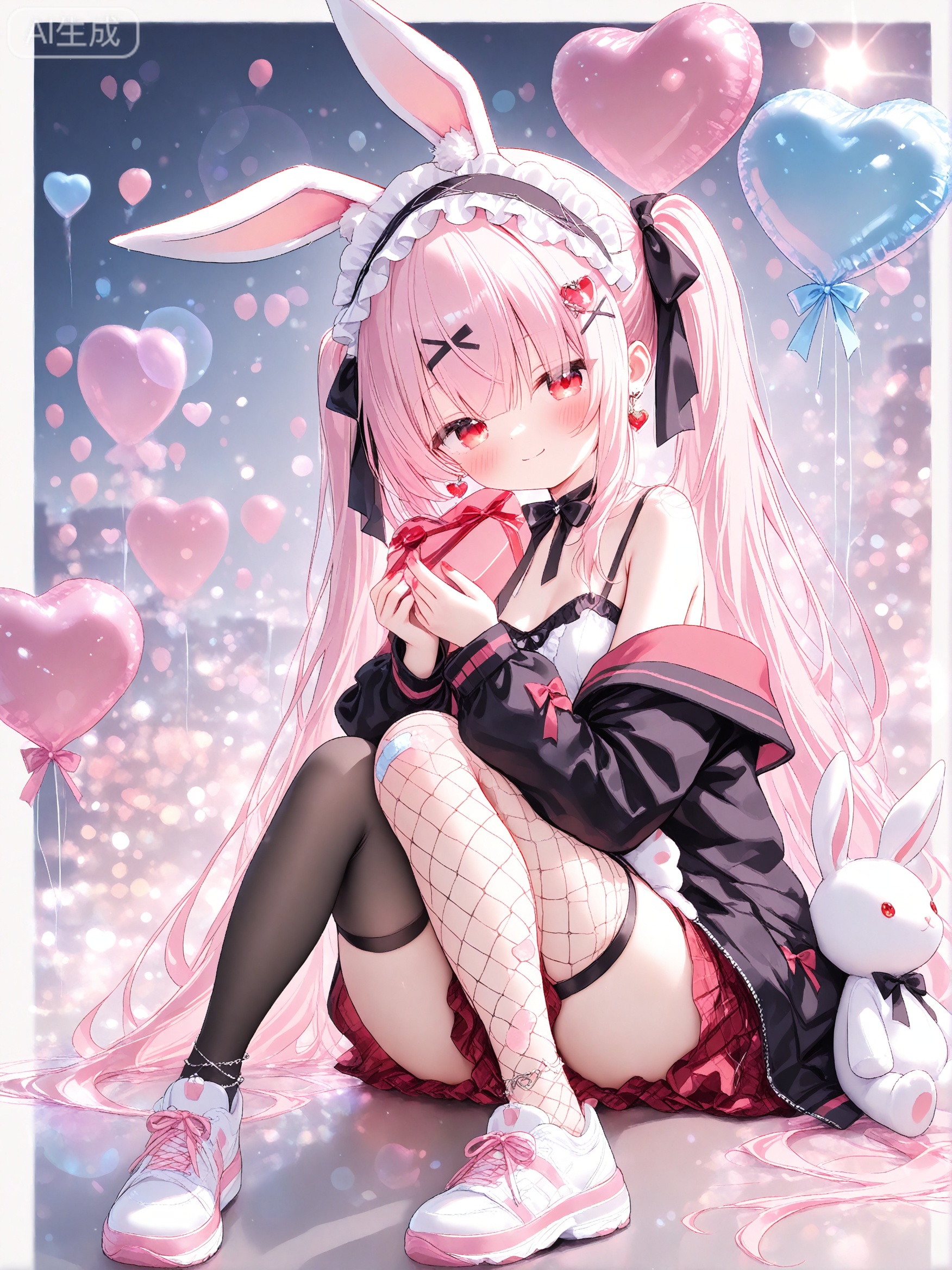masterpiece,absurdres,best quality,highres,sensitive,ultra detailed,best anatomy,HDR,8K,high detail RAW color art,high contrast,illustration,(colorful),phenomenal aesthetic,{dark,at night},detailed light,Tyndall effect,contrast,lens flare,
(nsfw:0.666),
1girl,solo,pink hair,animal ears,red eyes,stuffed bunny,stuffed toy,rabbit ears,fishnets,long hair,stuffed animal,twintails,looking at viewer,balloon,white footwear,hair ornament,bangs,hairband,very long hair,x hair ornament,smile,frills,fishnet thighhighs,closed mouth,long sleeves,bow,box,bandaid,jacket,ribbon,thighhighs,gift,heart,hairclip,single thighhigh,gift box,holding,puffy long sleeves,heart balloon,nail polish,jewelry,puffy sleeves,virtual youtuber,bandaid on leg,frilled hairband,red skirt,asymmetrical legwear,black jacket,shoes,earrings,off shoulder,black bow,blush,red bow,skirt,lolita hairband,