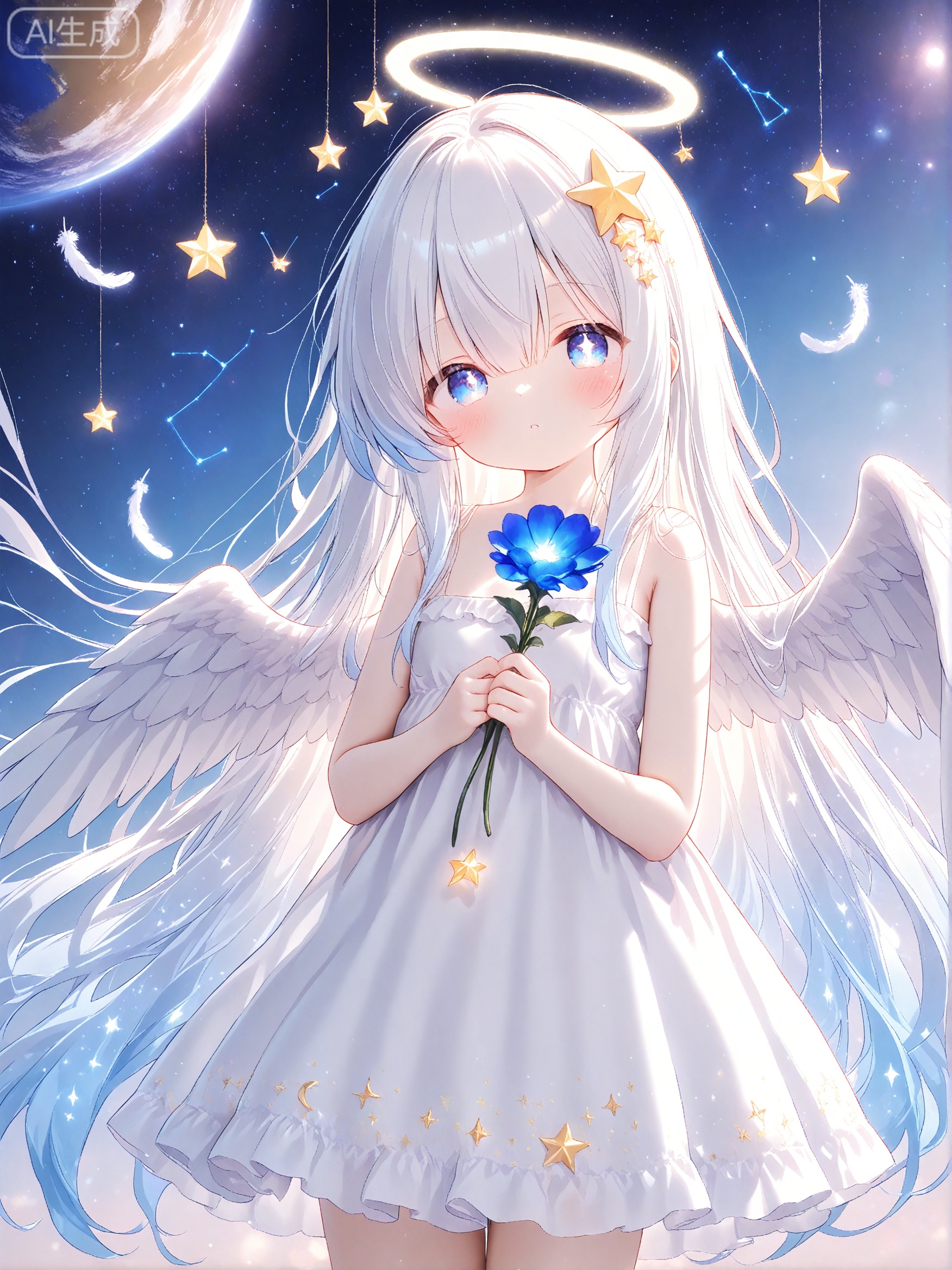 loli,1girl,angel,angel_wings,blue_eyes,blue_flower,constellation,crescent,cross,dress,feathered_wings,flower,hair_between_eyes,hair_ornament,halo,long_hair,looking_at_viewer,planet,solo,star_\(sky\),star_\(symbol\),star_hair_ornament,star_print,starfish,starry_background,starry_sky,very_long_hair,white_feathers,white_hair,white_wings,wings,