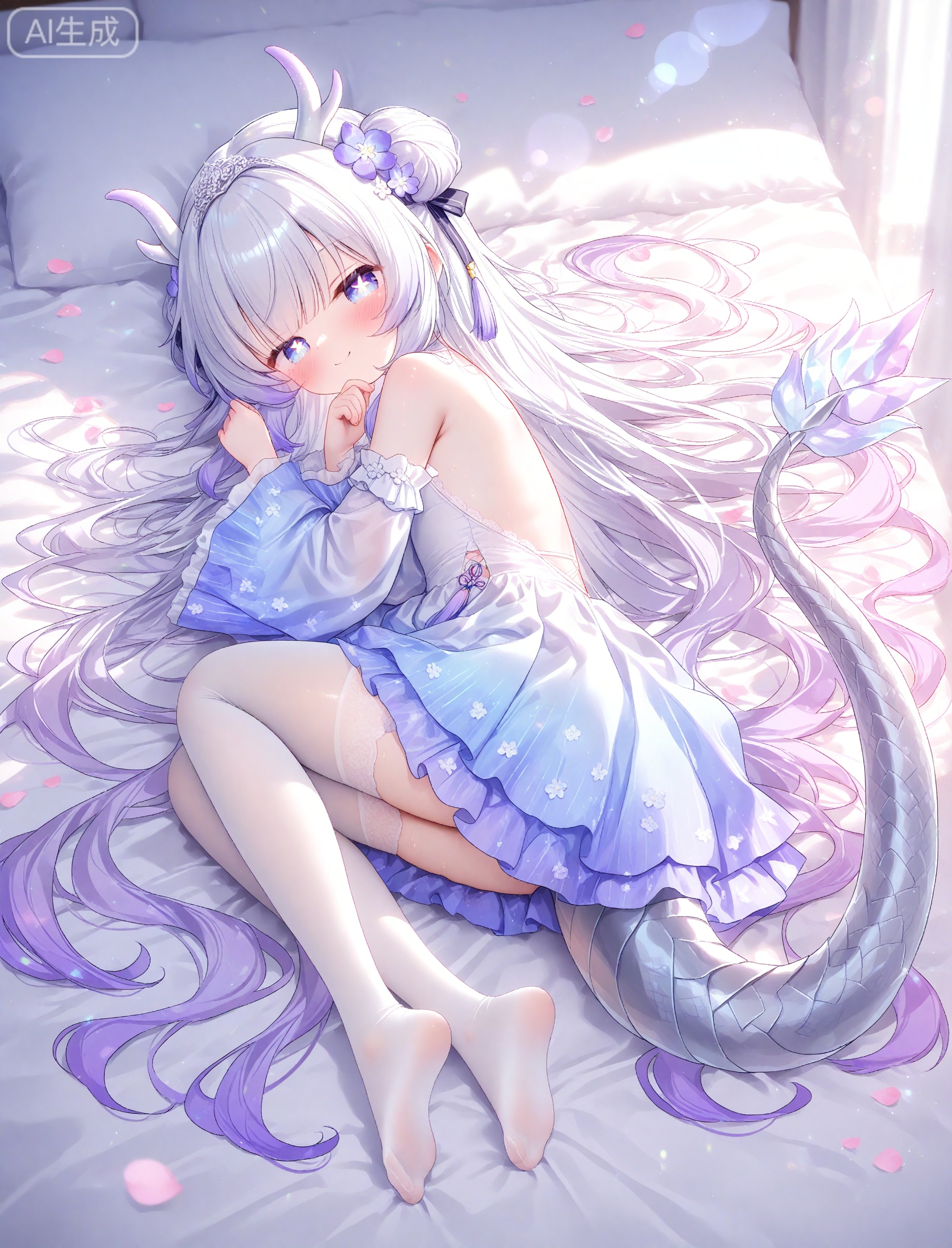 masterpiece,absurdres,shiny skin,best quality,high quality,//,full body,highres,sensitive,ultra detailed,best anatomy,HDR,8K,high detail RAW color art,high contrast,illustration,(colorful),phenomenal aesthetic,detailed light,Tyndall effect,contrast,lens flare,,,,,,
loli,kawaii,loli,kawaii,dragon girl,long hair,hair spread out,silver hair,blue eyes,(((purple star pupils)),white horns,silver dragon tail,tiara,white stockings,,,
detached sleeves,sleeveless dress,chiffon dress,long sleeves,seductive_smile,backless outfit,
wide sleeves,hair bow+hair flowers+hair ribbon,tassel,hair ornament,
transparent,see-through,lace trim,cross-laced,frills,