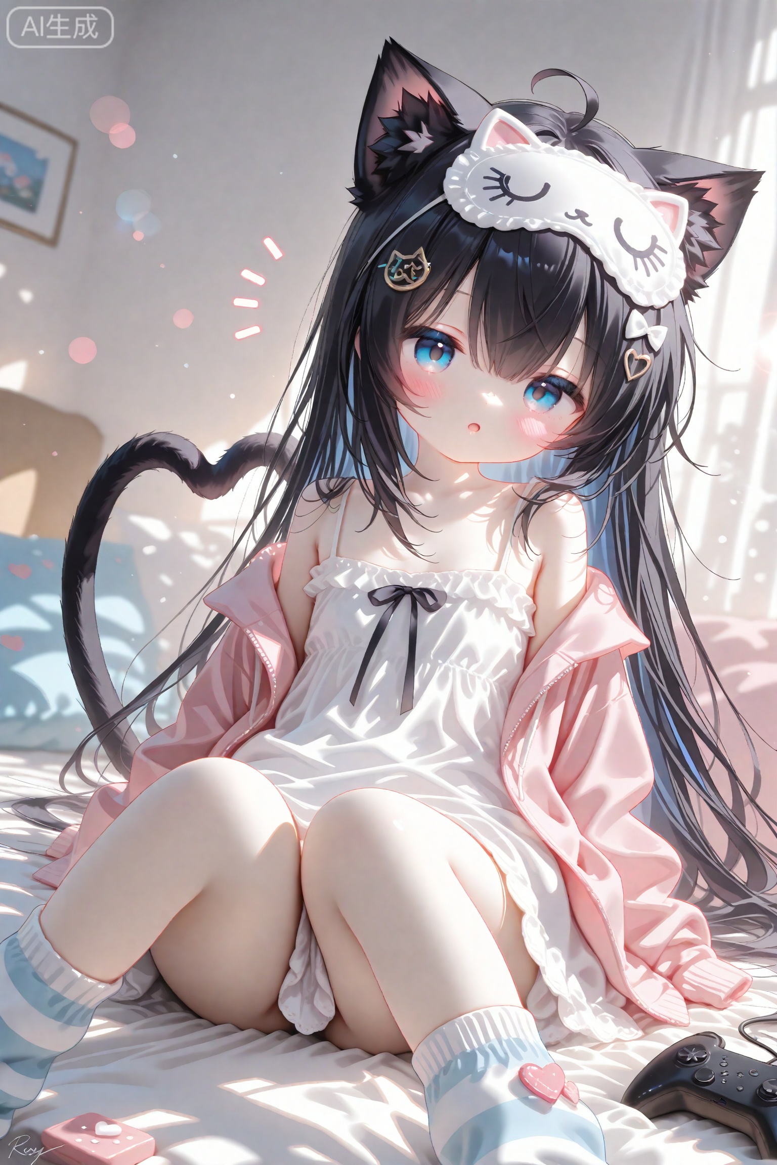 masterpiece,very aware,highres,absurdres,newest,best quality,high quality,loli,petite,chromatic_aberration,Light Blue Theme,lens_flare,dynamic_angle,cinematic_angle,//,1girl,solo,long hair,looking at viewer,blush,bangs,blue eyes,black hair,hair ornament,long sleeves,dress,bow,animal ears,hair between eyes,bare shoulders,sitting,collarbone,jacket,tail,ahoge,heart,parted lips,food,open clothes,socks,puffy sleeves,virtual youtuber,cat ears,signature,off shoulder,white dress,:o,open jacket,cat tail,animal ear fluff,sleeves past wrists,pillow,mask,feet out of frame,white bow,cat girl,camisole,puffy long sleeves,sleeves past fingers,heart hair ornament,tail ornament,notice lines,controller,mask on head,pink jacket,loose socks,cat hair ornament,white camisole,striped socks,eye mask,heart tail,sleep mask //,official art,depth of field,detailed light,blurry background,best shadow,shiny skin,cinematic lighting,ray tracing,amazing quality,very aesthetic,absurdres,beast quality,ultra detailed,newest,8K,HDR,