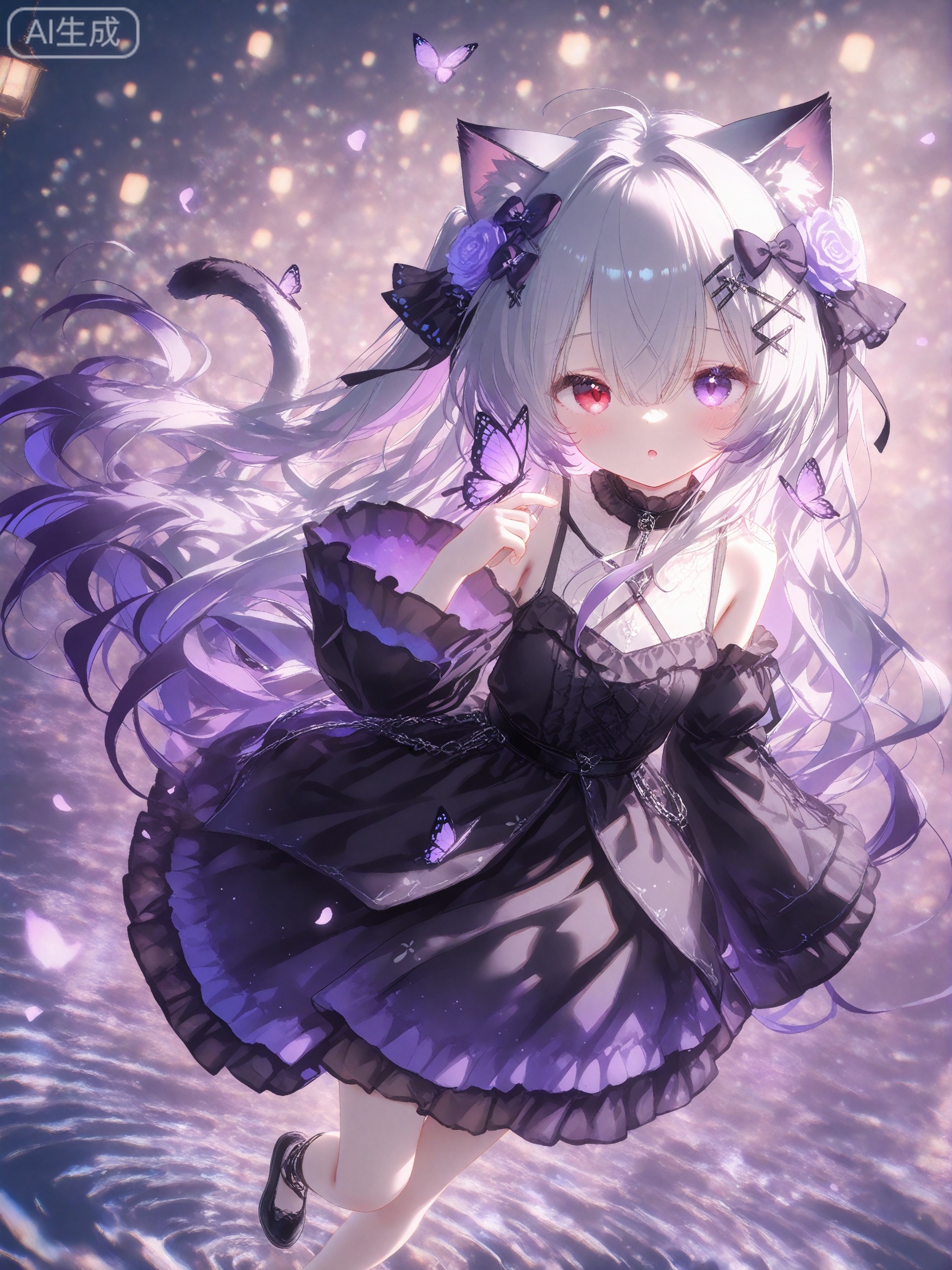 masterpiece,very aware,highres,absurdres,newest,best quality,loli,petite,high quality,chromatic_aberration,cinematic_angle,dutch angle, //,artist:ciloranko,artist:ningen_mame,artist:sho_(sho_lwlw),artist:rhasta,artist:wlop,artist:ke-ta,artist:hiten \(hitenkei\),//, 1girl, animal ears, heterochromia, cat ears, bug, purple eyes, butterfly, upper body, red eyes, hair ornament, flower, solo, long hair, tail, cat girl, white hair, cat tail, x hair ornament, purple hair, black footwear, rose, long sleeves, looking at viewer, bow, wide sleeves, watermark, skirt, dress, purple skirt, blush, frills, hair flower, purple flower, lolita fashion, purple rose, :o, lantern, animal ear fluff, standing, frilled sleeves, detached sleeves, ripples, bare shoulders, white shirt, hair bow, shirt, shoes, butterfly on hand, black sleeves, multicolored hair, parted lips, artist name, purple theme, grey hair, hair between eyes, sleeveless, purple bow, black dress, water, purple butterfly, hairclip, sleeves past wrists, very long hair, pink eyes, sleeveless shirt, gothic lolita, hair intakes, hand up,