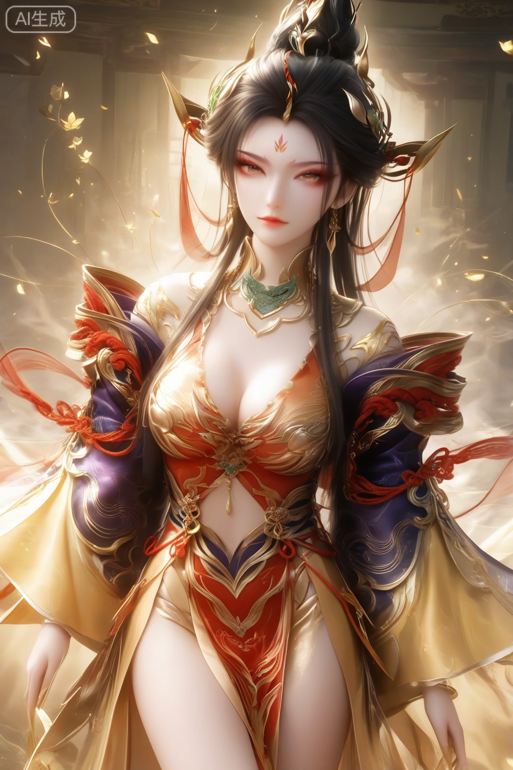 masterpiece, best quality, masterpiece,best quality,official art,extremely detailed CG unity 8k wallpaper ,1girl,solo,breasts,looking at viewer,long hair,black hair,hair ornament,dress,wide sleeves,navel,cleavage,jewelry,closed mouth,earrings,forehead mark,chinese clothes,makeup