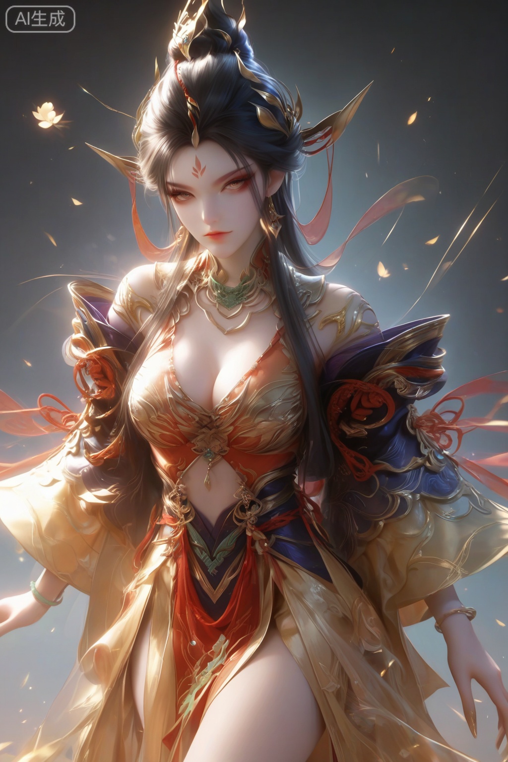 score_9,score_8_up,score_7_up,1girl,solo,breasts,looking at viewer,long hair,black hair,hair ornament,dress,wide sleeves,navel,cleavage,jewelry,closed mouth,earrings,forehead mark,chinese clothes,makeup