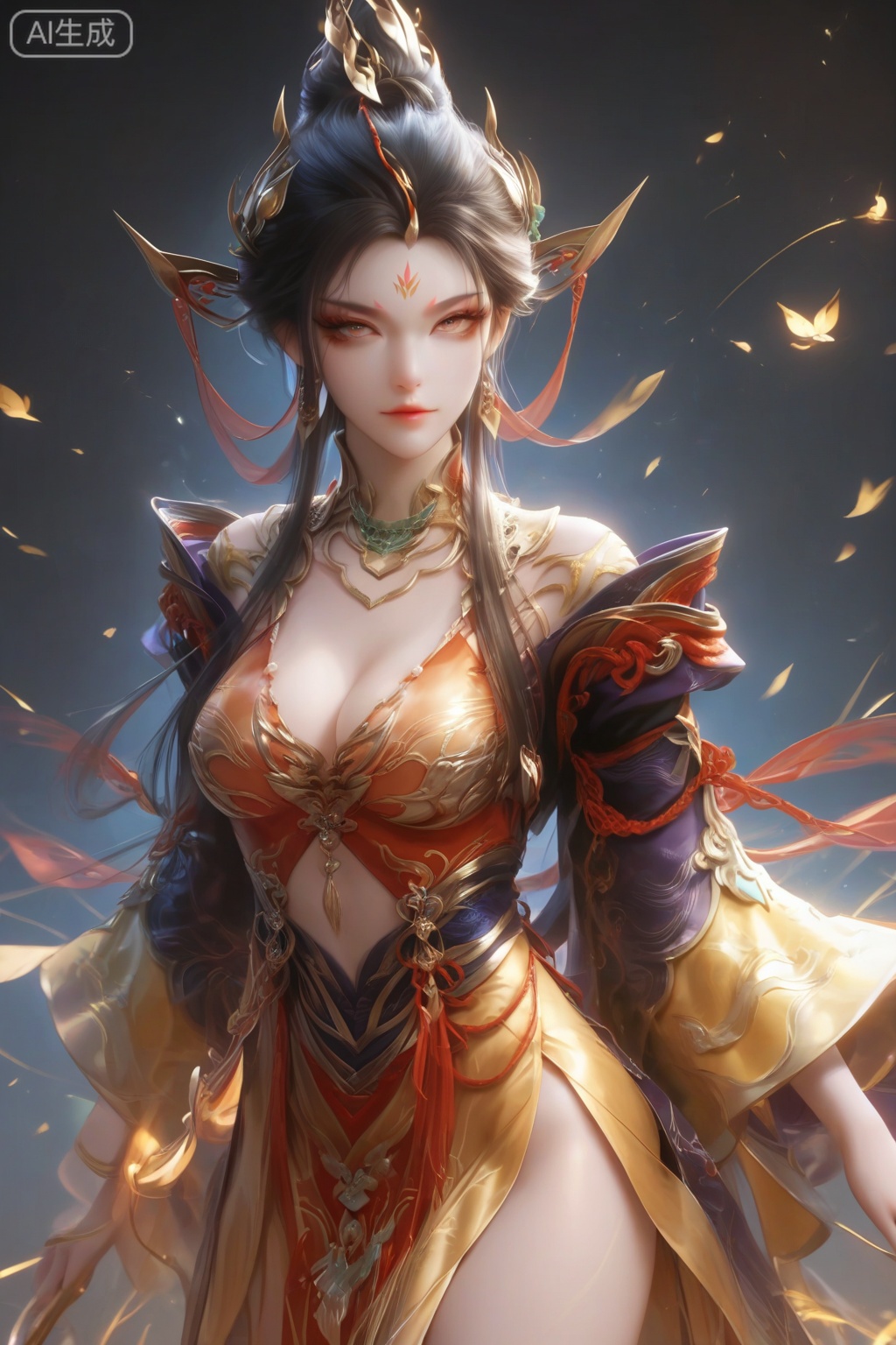 score_9,score_8_up,score_7_up,1girl,solo,breasts,looking at viewer,long hair,black hair,hair ornament,dress,wide sleeves,navel,cleavage,jewelry,closed mouth,earrings,forehead mark,chinese clothes,makeup