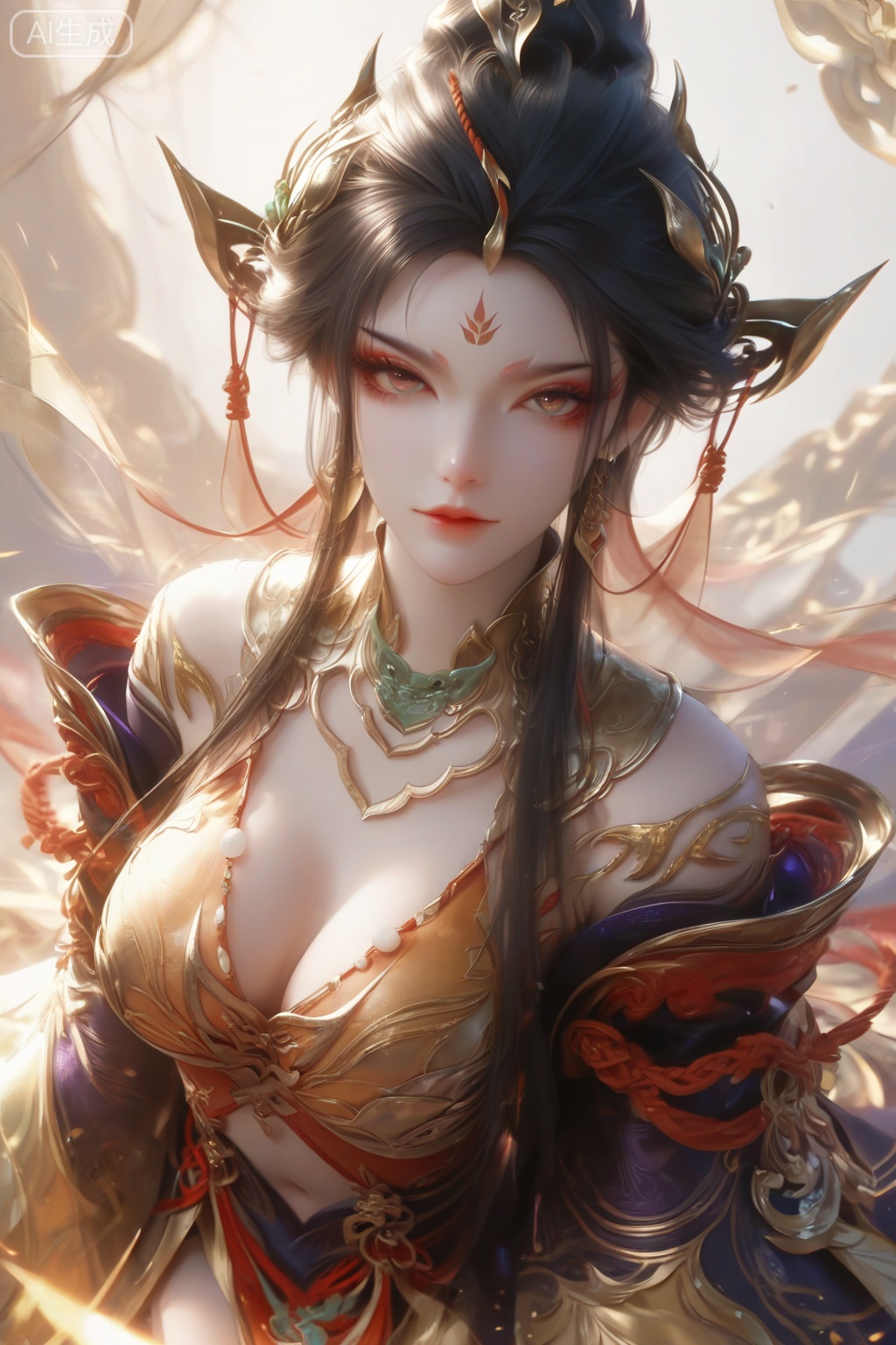 score_9,score_8_up,score_7_up,1girl,solo,breasts,looking at viewer,long hair,black hair,hair ornament,dress,wide sleeves,navel,cleavage,jewelry,closed mouth,earrings,forehead mark,chinese clothes,makeup