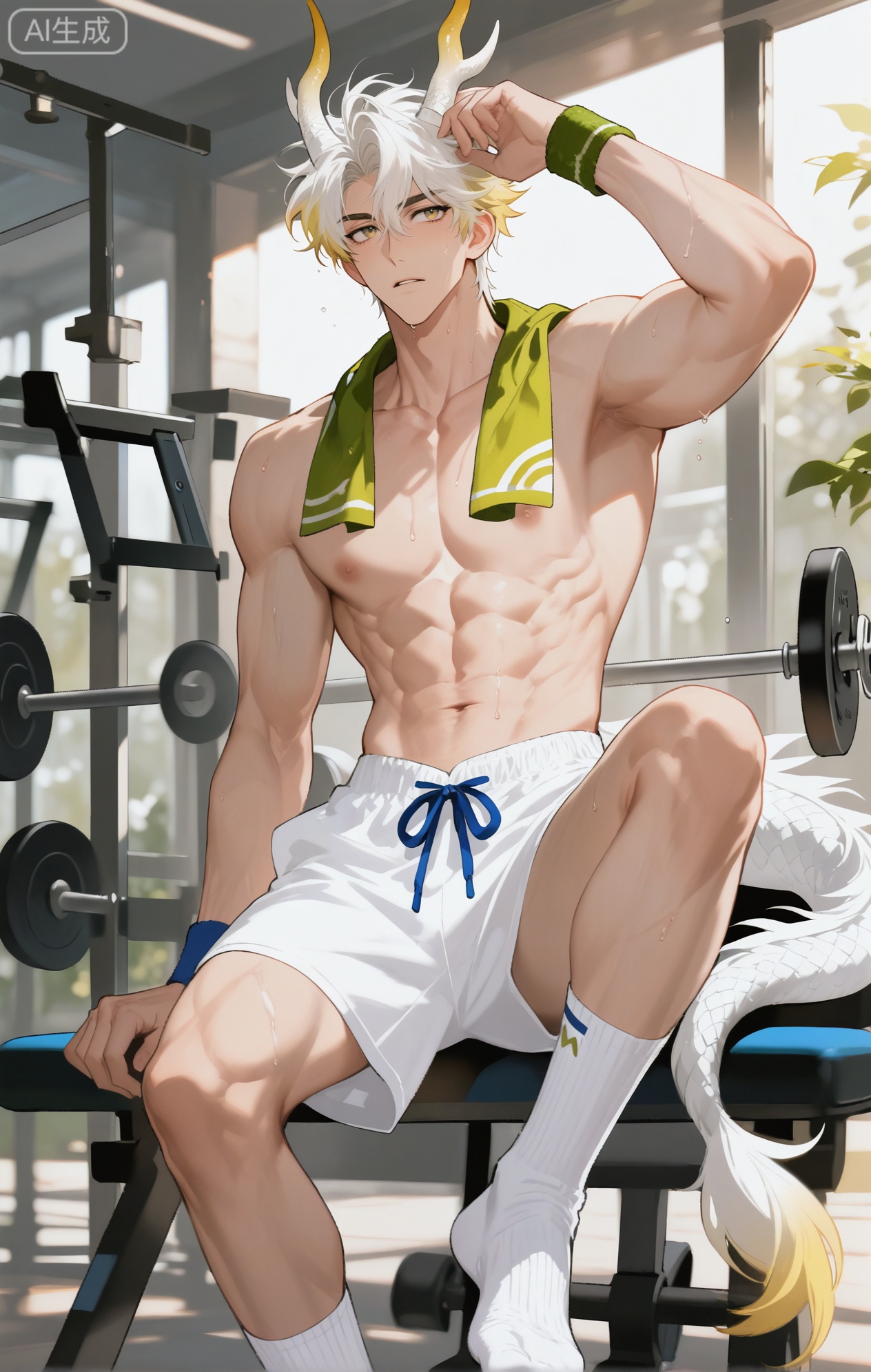 Small note art style,,xiaozhitiao,yu xuan,multicolored hair,White dragon tail,White dragon horns,yellow eyes,white hair,blonde hair,1boy,bangs
,socks,white socks,dianmei

(artist:mazjojo:0.53),(artist:pigeon666:0.37),(artist:zawar379:0.57),(artist:remsrar:0.35),(artist:yoneyama mai:0.64),(yokoyari mengo:0.6),1boy,male focus,solo,short, sweaty hair,hooded pajamas removed and tied around his waist, a neon - colored sports scarf around his neck, well - defined abs glistening with sweat as he takes a break from his workout. He's sitting on a bench in a well - equipped gym, with weights, exercise machines, and mirrors all around. There are other people working out in the background, and motivational posters adorn the walls.