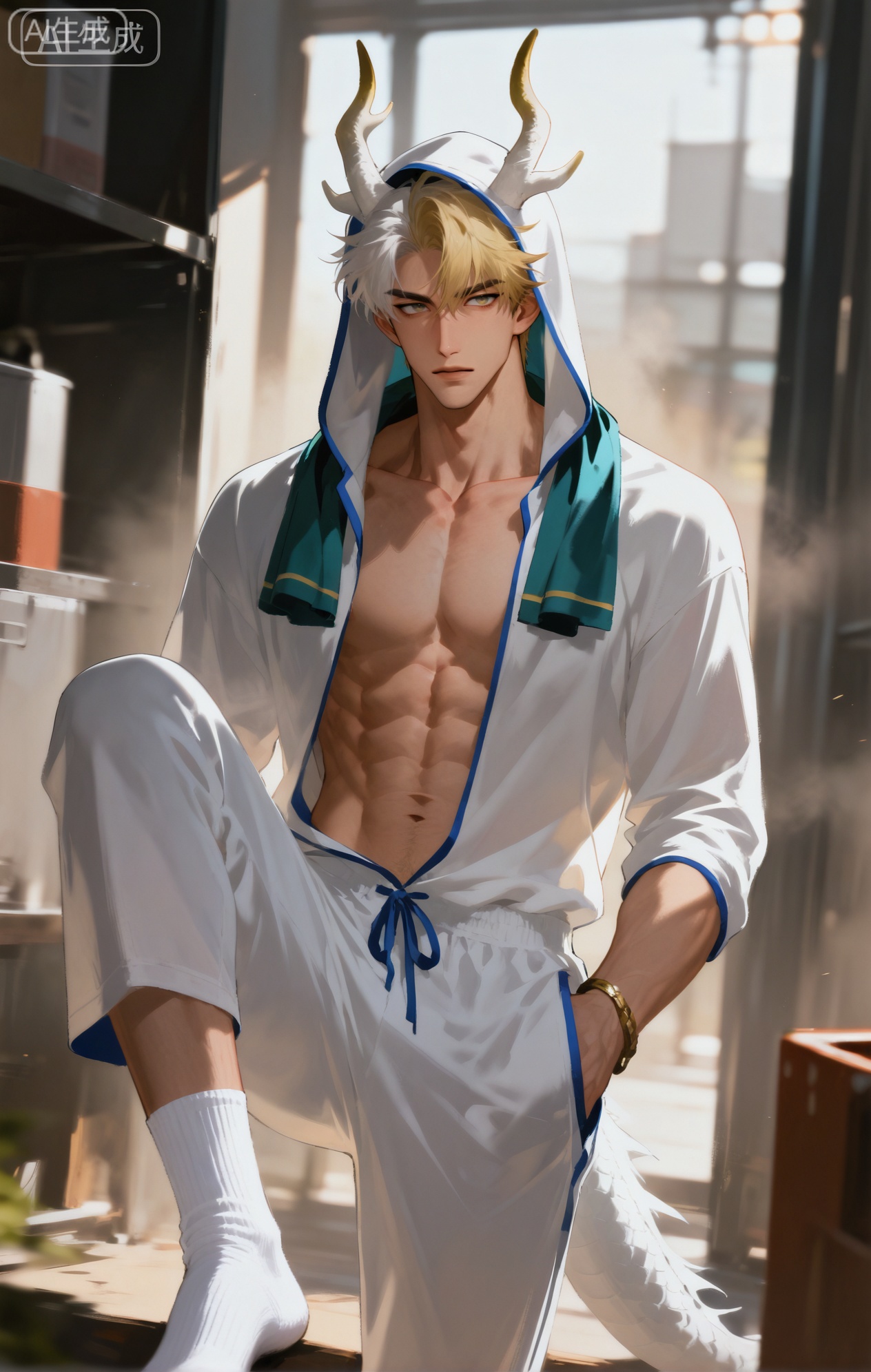 Small note art style,,xiaozhitiao,yu xuan,multicolored hair,White dragon tail,White dragon horns,yellow eyes,white hair,blonde hair,1boy,bangs
,socks,white socks,dianmei

(artist:mazjojo:0.53),(artist:pigeon666:0.37),(artist:zawar379:0.57),(artist:remsrar:0.35),(artist:yoneyama mai:0.64),(yokoyari mengo:0.6),1boy,male focus,solo,short, cropped hair,hooded pajamas,hood up, a khaki - colored scarf around his neck, defined abs as he rummages through shelves in a large warehouse. There are boxes, old furniture, and various storage containers all around. A forklift is parked nearby, and the high - ceilinged room is lit by fluorescent lights.