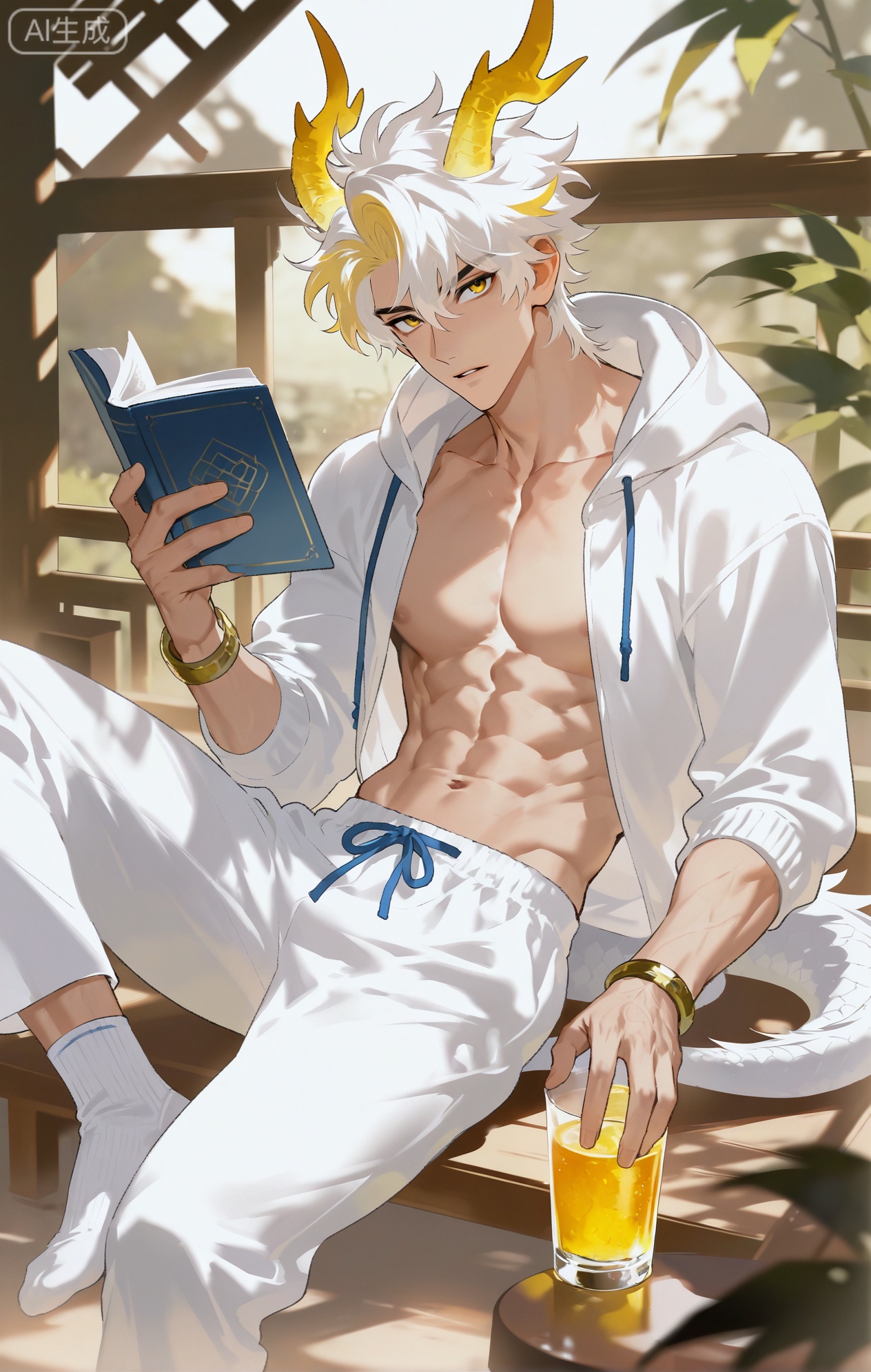 Small note art style,,xiaozhitiao,yu xuan,multicolored hair,White dragon tail,White dragon horns,yellow eyes,white hair,blonde hair,1boy,bangs
,socks,white socks,dianmei

(artist:mazjojo:0.53),(artist:pigeon666:0.37),(artist:zawar379:0.57),(artist:remsrar:0.35),(artist:yoneyama mai:0.64),(yokoyari mengo:0.6),1boy,male focus,solo,medium - length wavy hair,hooded pajamas,hood down, a light - brown knitted scarf draped over his shoulders, his toned abs visible as he dozes off in a hammock on a wooden patio. The hammock is strung between two posts, and there's a small side table with a half - read book and a glass of lemonade. Potted ferns line the edges of the patio, and the afternoon sun casts a warm, yellow glow.