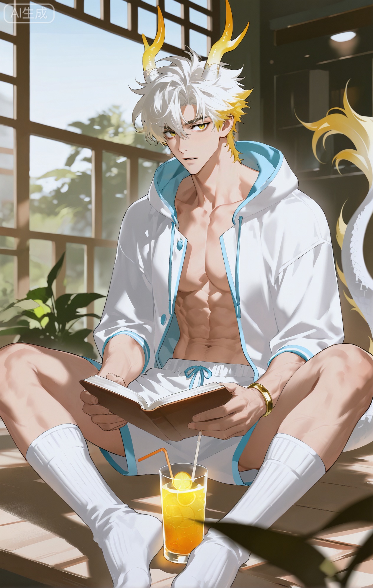 Small note art style,,xiaozhitiao,yu xuan,multicolored hair,White dragon tail,White dragon horns,yellow eyes,white hair,blonde hair,1boy,bangs
,socks,white socks,dianmei

(artist:mazjojo:0.53),(artist:pigeon666:0.37),(artist:zawar379:0.57),(artist:remsrar:0.35),(artist:yoneyama mai:0.64),(yokoyari mengo:0.6),1boy,male focus,solo,medium - length wavy hair,hooded pajamas,hood down, a light - brown knitted scarf draped over his shoulders, his toned abs visible as he dozes off in a hammock on a wooden patio. The hammock is strung between two posts, and there's a small side table with a half - read book and a glass of lemonade. Potted ferns line the edges of the patio, and the afternoon sun casts a warm, yellow glow.