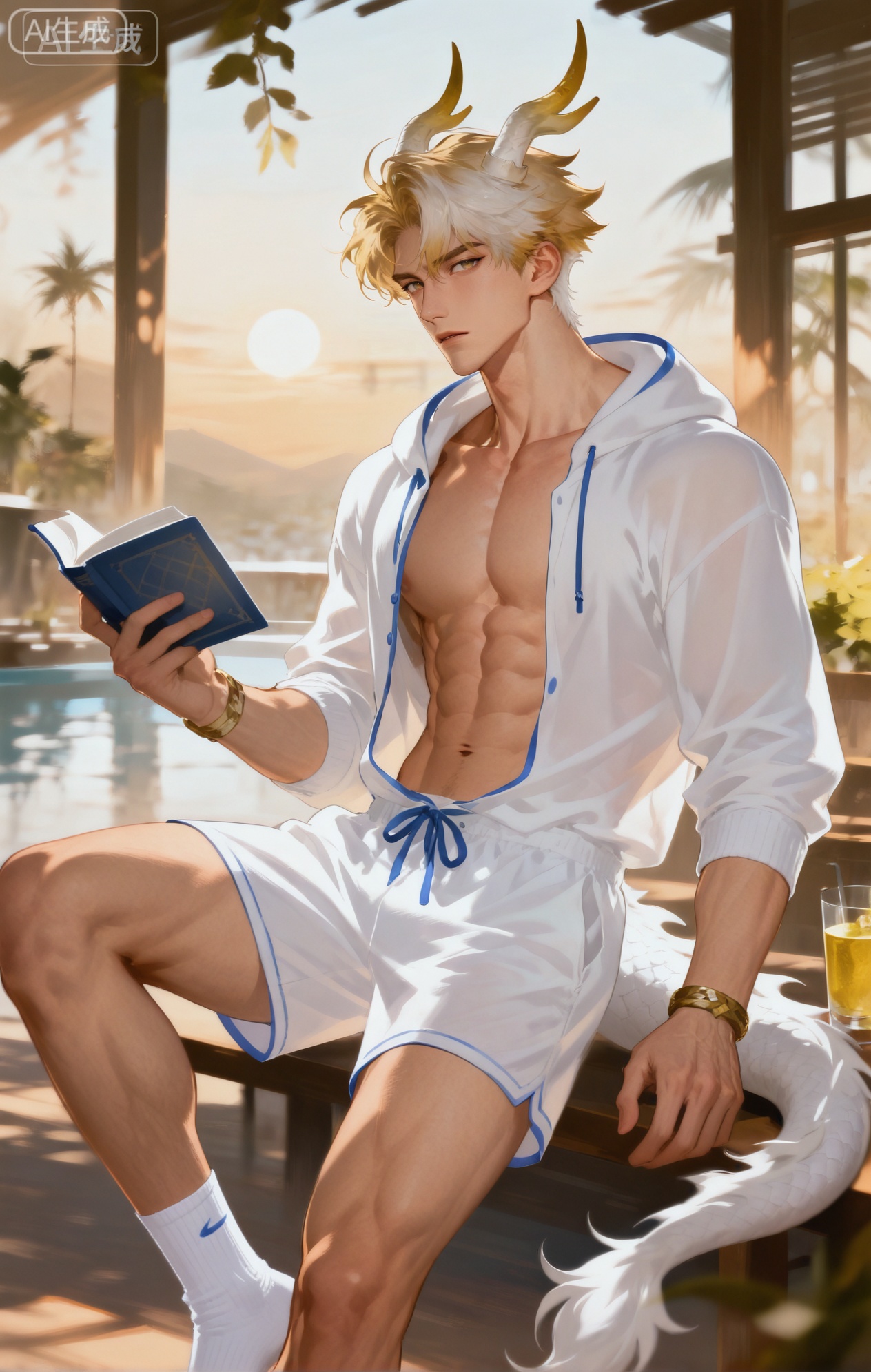 Small note art style,,xiaozhitiao,yu xuan,multicolored hair,White dragon tail,White dragon horns,yellow eyes,white hair,blonde hair,1boy,bangs
,socks,white socks,dianmei

(artist:mazjojo:0.53),(artist:pigeon666:0.37),(artist:zawar379:0.57),(artist:remsrar:0.35),(artist:yoneyama mai:0.64),(yokoyari mengo:0.6),1boy,male focus,solo,medium - length wavy hair,hooded pajamas,hood down, a light - brown knitted scarf draped over his shoulders, his toned abs visible as he dozes off in a hammock on a wooden patio. The hammock is strung between two posts, and there's a small side table with a half - read book and a glass of lemonade. Potted ferns line the edges of the patio, and the afternoon sun casts a warm, yellow glow.