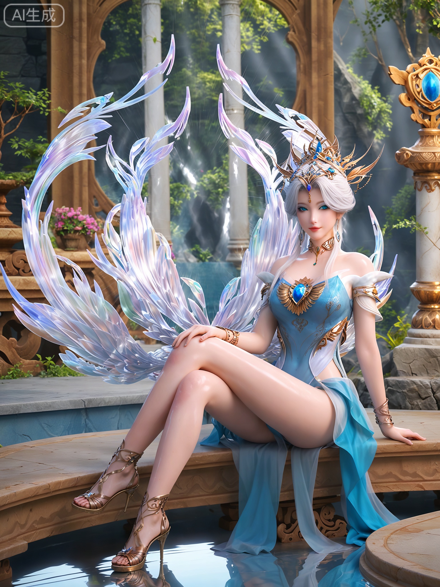 score_9,score_8_up,score_7_up,1girl,solo,looking_at_viewer,realistic,photorealistic,1girl,Vivid Colors,bright environment,shiny skin,detail eyes,Eyes highlights,extreme detail description,(full body:0.8),light,sunshine,bright,reflection,bright,sunshine on face,shiny,shinny,petite,thin,leg slimming,lose weight,slim hips,lakeside,delicate water,reflection,sitting_down,bracelet,pillar,crystal,gem,wings,