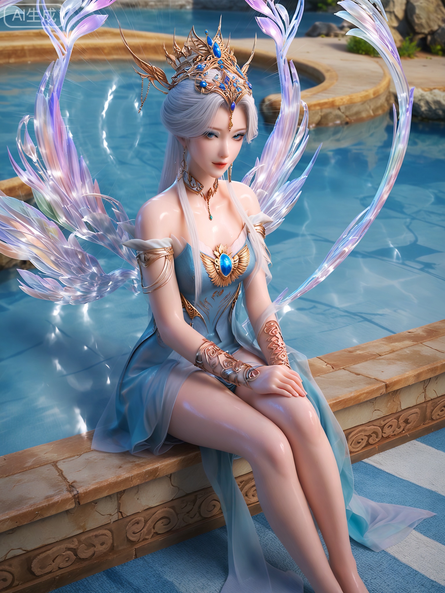 score_9,score_8_up,score_7_up,1girl,solo,looking_at_viewer,realistic,photorealistic,1girl,Vivid Colors,bright environment,shiny skin,detail eyes,Eyes highlights,extreme detail description,(full body:0.8),light,sunshine,bright,reflection,bright,sunshine on face,shiny,shinny,petite,thin,leg slimming,lose weight,slim hips,lakeside,delicate water,reflection,sitting_down,bracelet,wings,