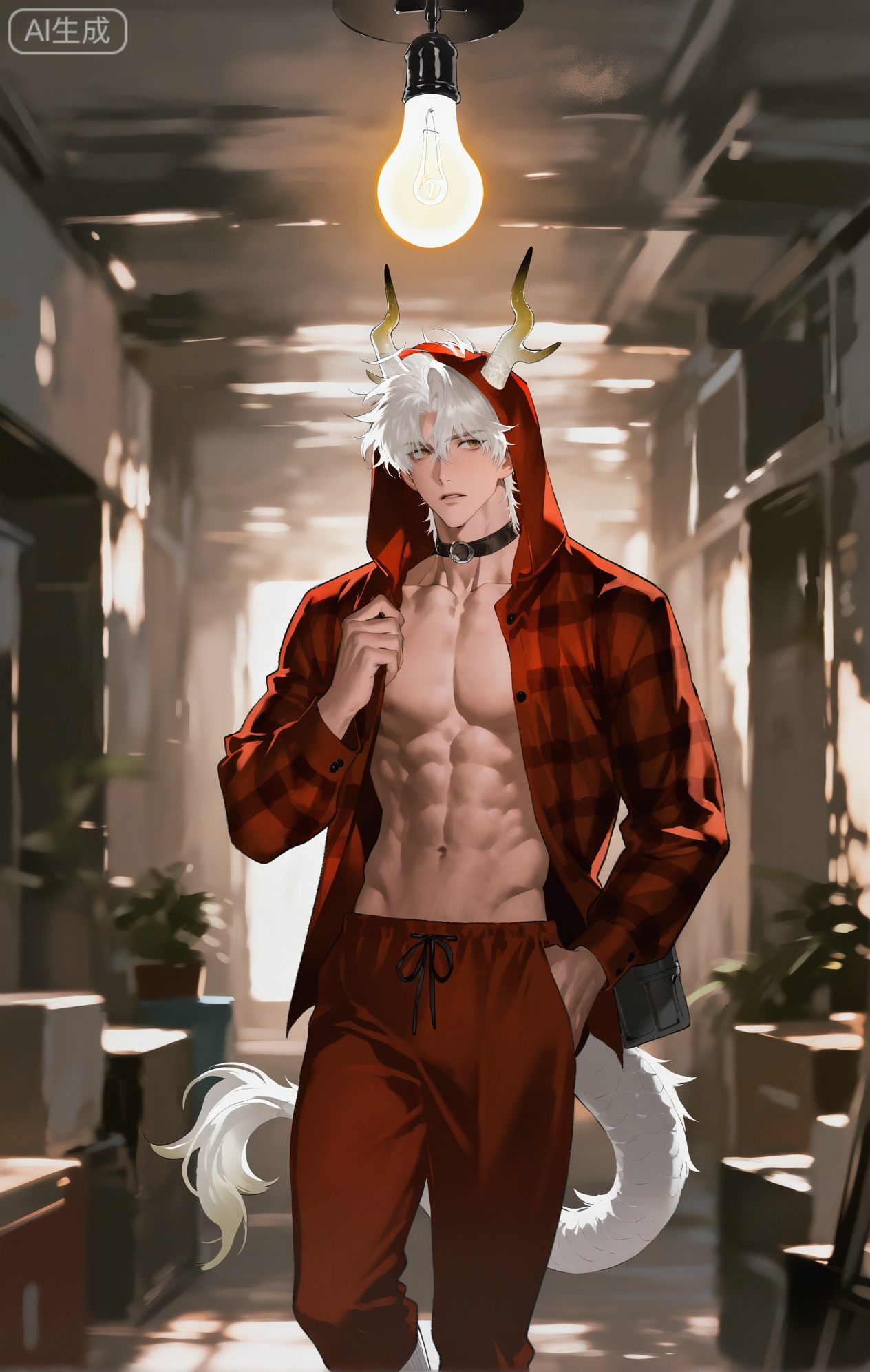 Small note art style,,xiaozhitiao,yu xuan,multicolored hair,White dragon tail,White dragon horns,yellow eyes,white hair,blonde hair,1boy,bangs ,socks,white socks,dianmei (artist:mazjojo:0.53),(artist:pigeon666:0.37),(artist:zawar379:0.57),(artist:remsrar:0.35),(artist:yoneyama mai:0.64),(yokoyari mengo:0.6),1boy,male focus,solo,short, messy hair,hooded pajamas,hood up, a plaid scarf in red and black around his neck, muscular abs on display as he stands in a cluttered storage room. He's sorting through boxes filled with old toys, tools, and knick - knacks. There's a cobweb in one corner, and a single lightbulb hanging from the ceiling provides a dim, yellowish light.