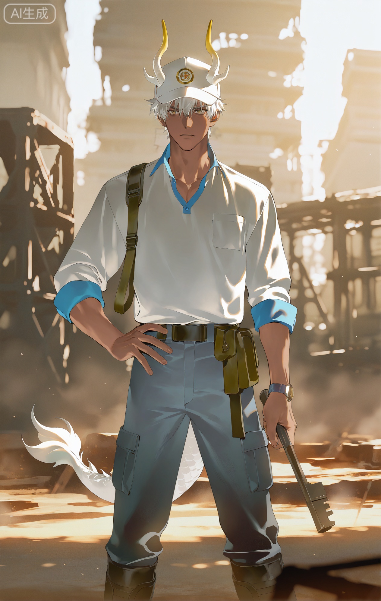 Small note art style,,xiaozhitiao,yu xuan,multicolored hair,White dragon tail,White dragon horns,yellow eyes,white hair,blonde hair,1boy,bangs ,socks,white socks,dianmei



(artist:mazjojo:0.53),(artist:pigeon666:0.37),(artist:zawar379:0.57),(artist:remsrar:0.35),(artist:yoneyama mai:0.64),(yokoyari mengo:0.6),(colored pencil medium),(rei sanbonzakura),(flat color:1.2),masterpiece,best quality,highres,absurdres,extremely detailed,amazing quality,very aesthetic,ultra - detailed,scenery,depth of field,volumetric lighting,high definition,detailed eyes,detailed beautiful face and eyes,best aesthetic,good colors,bright skin,lots of details,1boy,male focus,rugged look,tanned skin,muscular build,Anime style,(weary but determined expression:1.3),(standing by a construction site:1.2),(focused eyes),standing on the dusty ground near a half - built building, construction equipment in the background,(dynamic pose:one hand on hip, the other holding a measuring tape),wearing a light - blue denim work shirt with rolled - up sleeves, dirty khaki work pants with multiple pockets, black work boots,a brown leather tool belt around his waist, a white baseball cap with a construction company logo,a pair of safety goggles pushed up on his cap, intricate details,denim and dirt texture details,bright sunlight with dust particles,cel - shading,anime key visual,ultra HD,8k