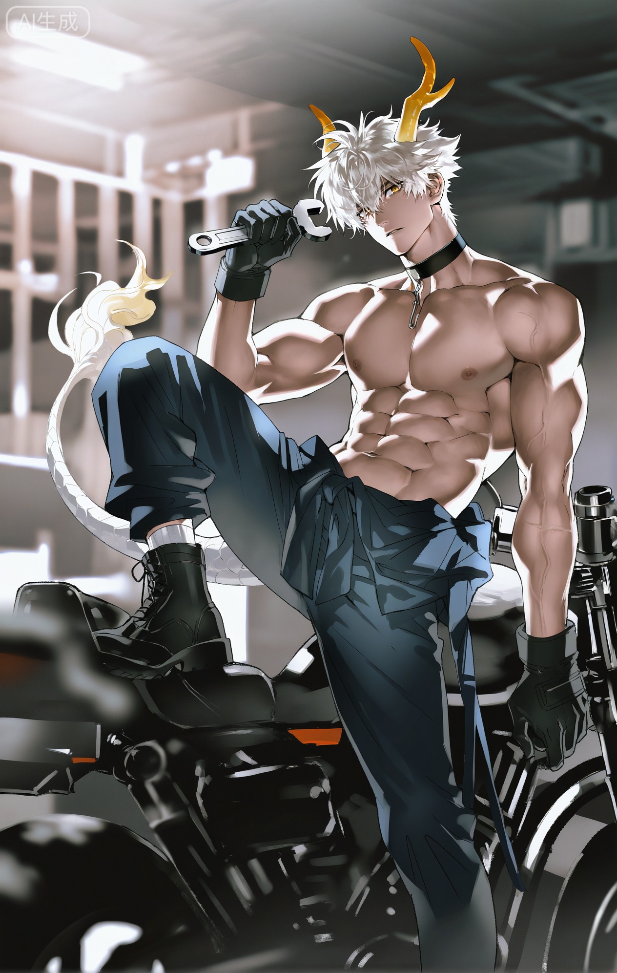 Small note art style,,xiaozhitiao,yu xuan,multicolored hair,White dragon tail,White dragon horns,yellow eyes,white hair,blonde hair,1boy,bangs ,socks,white socks,dianmei



((artist:mazjojo:0.53),(artist:pigeon666:0.37),(artist:zawar379:0.57),(artist:remsrar:0.35),(artist:yoneyama mai:0.64),(yokoyari mengo:0.6),(colored pencil medium),(rei sanbonzakura),(flat color:1.2),masterpiece,best quality,highres,absurdres,extremely detailed,amazing quality,very aesthetic,ultra - detailed,scenery,depth of field,volumetric lighting,high definition,detailed eyes,detailed beautiful face and eyes,best aesthetic,good colors,bright skin,lots of details,1boy,male focus,mechanic - like look,grease - smudged skin,strong build,Anime style,(concentrated expression:1.3),(working on a motorcycle:1.2),(intense eyes),inside a busy 街边修车铺,motorcycles and bicycles in various states of repair, tools scattered on workbenches,(dynamic pose:kneeling beside a motorcycle, wrench in hand),wearing a dark - blue jumpsuit with the top half tied around his waist, revealing a white muscle tee, black work boots,a pair of thick gloves, a mechanic's cap on his head,a toolbox filled with wrenches and screwdrivers nearby, intricate details,jumpsuit and grease details,shop - interior lighting with shadows,cel - shading,anime key visual,ultra HD,8k