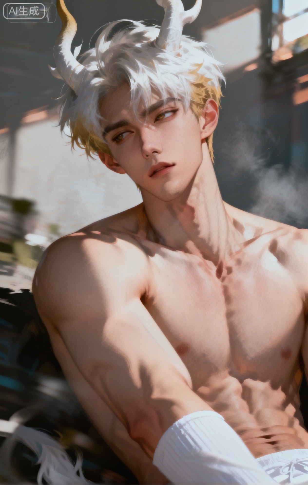 Small note art style,,xiaozhitiao,yu xuan,multicolored hair,White dragon tail,White dragon horns,yellow eyes,white hair,blonde hair,1boy,bangs ,socks,white socks,dianmei



(artist:mazjojo:0.53),(artist:pigeon666:0.37),(artist:zawar379:0.57),(artist:remsrar:0.35),(artist:yoneyama mai:0.64),(yokoyari mengo:0.6),1boy,male focus,portrait,headshot,medium - length hair,hooded pajamas,hood down but visible at the sides, a beige knitted scarf draped over shoulders, six - pack abs (subtly suggested by the way the pajama top stretches), soft afternoon sunlight casting a golden glow on the face, relaxed expression, round face, full lips, bright eyes with a hint of green, looking to the side, strands of hair falling over the forehead, the scarf has a simple geometric pattern