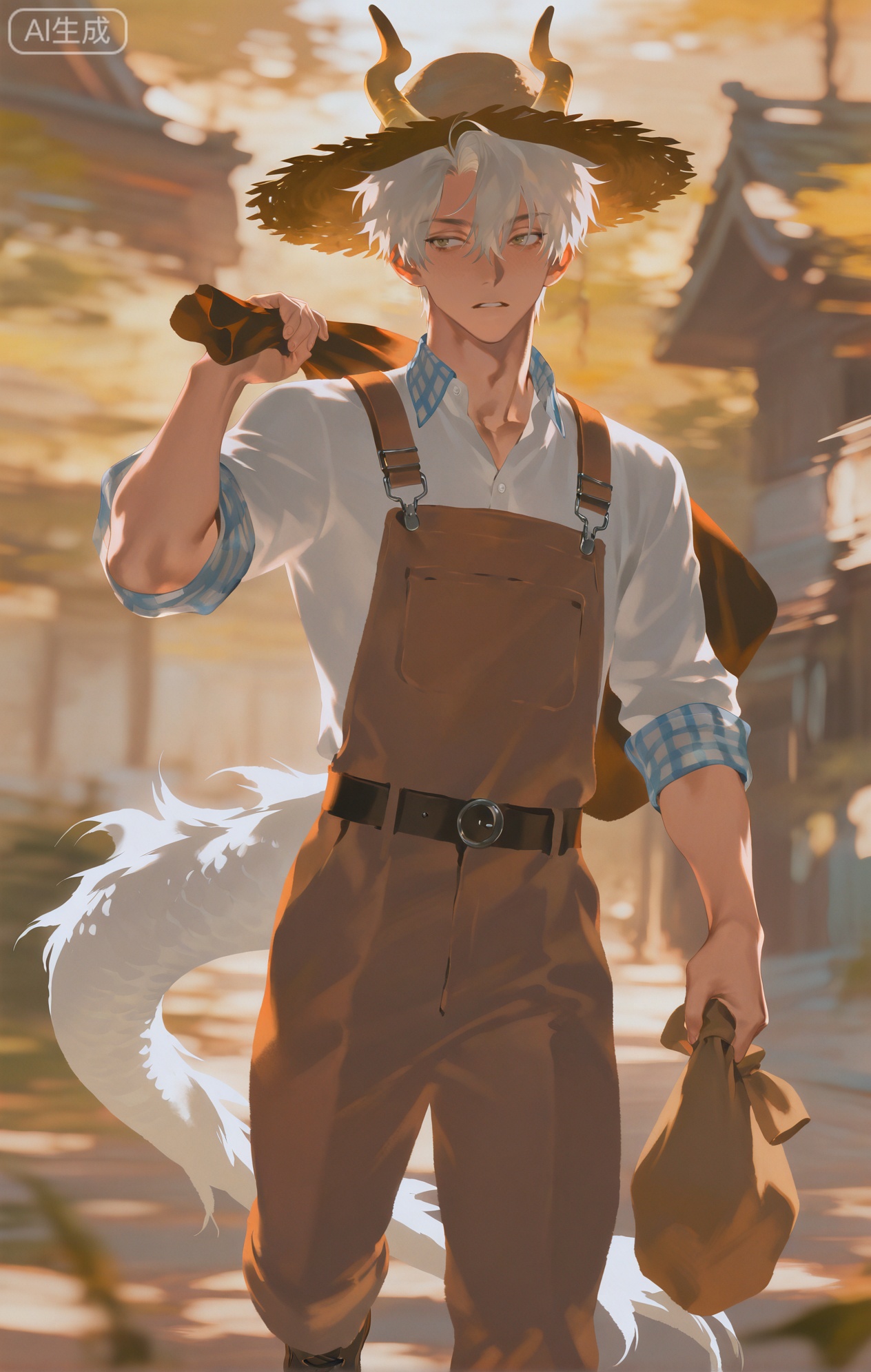 Small note art style,,xiaozhitiao,yu xuan,multicolored hair,White dragon tail,White dragon horns,yellow eyes,white hair,blonde hair,1boy,bangs ,socks,white socks,dianmei



(artist:mazjojo:0.53),(artist:pigeon666:0.37),(artist:zawar379:0.57),(artist:remsrar:0.35),(artist:yoneyama mai:0.64),(yokoyari mengo:0.6),(colored pencil medium),(rei sanbonzakura),(flat color:1.2),masterpiece,best quality,highres,absurdres,extremely detailed,amazing quality,very aesthetic,ultra - detailed,scenery,depth of field,volumetric lighting,high definition,detailed eyes,detailed beautiful face and eyes,best aesthetic,good colors,bright skin,lots of details,1boy,male focus,hard - working look,ruddy - cheeked skin,athletic build,Anime style,(earnest expression:1.3),(carrying a sack of feed:1.2),(steady eyes),on a large 农场,fields of crops in the background, a barn visible in the distance,(dynamic pose:walking with a heavy sack of feed over one shoulder),wearing a plaid flannel shirt with the sleeves rolled up, brown overalls, brown work boots,a straw hat on his head, a pair of work - worn gloves,a small knife attached to his belt, intricate details,plaid and overall details,soft sunlight on the farm,cel - shading,anime key visual,ultra HD,8k