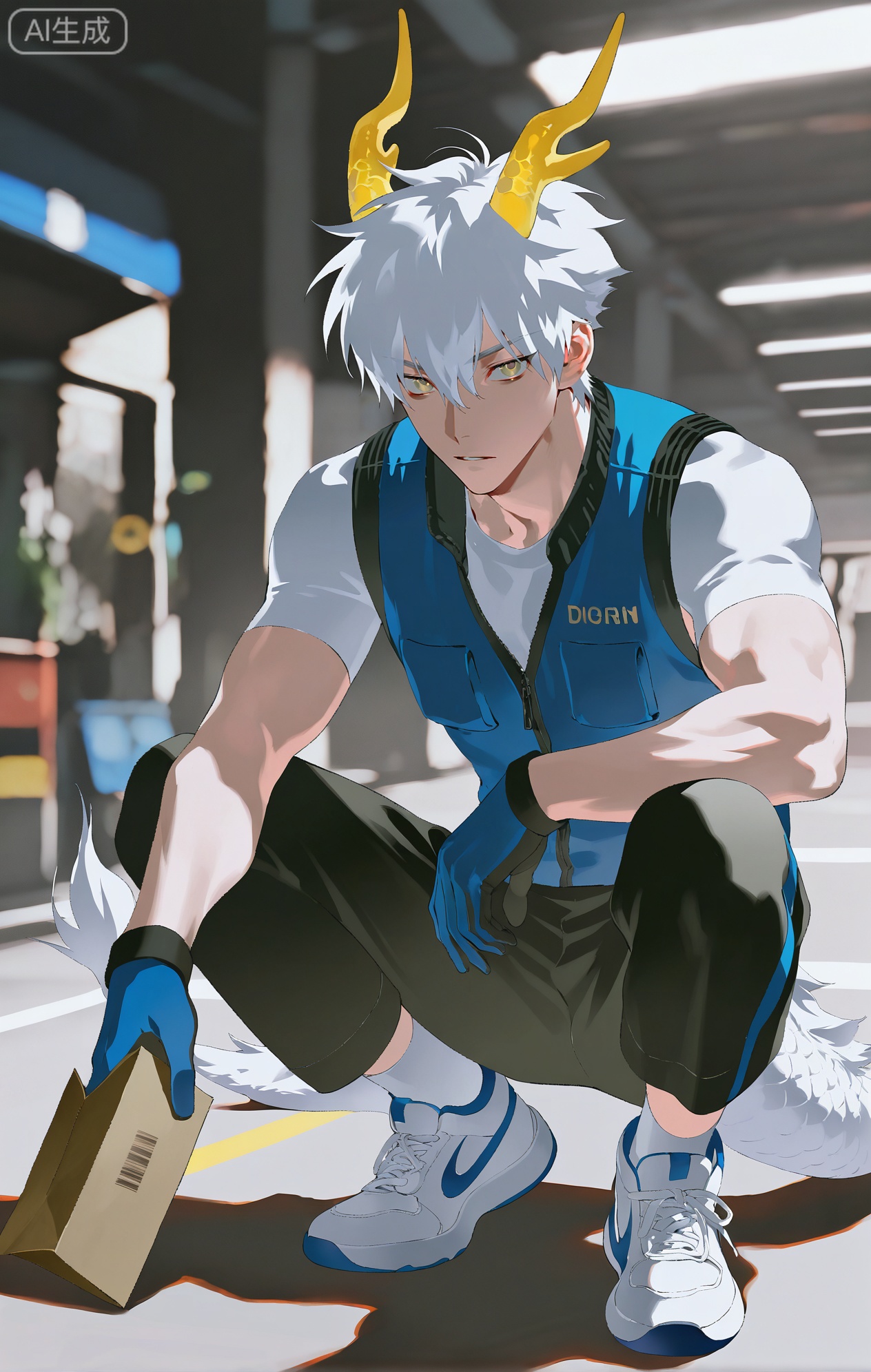 Small note art style,,xiaozhitiao,yu xuan,multicolored hair,White dragon tail,White dragon horns,yellow eyes,white hair,blonde hair,1boy,bangs ,socks,white socks,dianmei



(artist:mazjojo:0.53),(artist:pigeon666:0.37),(artist:zawar379:0.57),(artist:remsrar:0.35),(artist:yoneyama mai:0.64),(yokoyari mengo:0.6),(colored pencil medium),(rei sanbonzakura),(flat color:1.2),masterpiece,best quality,highres,absurdres,extremely detailed,amazing quality,very aesthetic,ultra - detailed,scenery,depth of field,volumetric lighting,high definition,detailed eyes,detailed beautiful face and eyes,best aesthetic,good colors,bright skin,lots of details,1boy,male focus,busy look,rosy - cheeked from effort, athletic build,Anime style,(focused expression:1.3),(sorting packages at a courier station:1.2),(alert eyes),in a bustling 快递站,packages of all sizes piled up, conveyor belts moving in the background,(dynamic pose:squatting down, picking up a package to check the label),wearing a blue - and - yellow branded work vest over a white tee, dark blue work pants, white sneakers,a pair of gloves, a barcode scanner in his hand,a cap with the courier company's name on it, intricate details,vest and package details,bright fluorescent lighting in the station,cel - shading,anime key visual,ultra HD,8k,