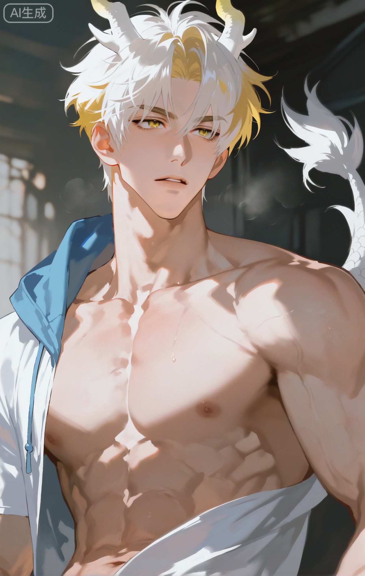 Small note art style,,xiaozhitiao,yu xuan,multicolored hair,White dragon tail,White dragon horns,yellow eyes,white hair,blonde hair,1boy,bangs ,socks,white socks,dianmei



(artist:mazjojo:0.53),(artist:pigeon666:0.37),(artist:zawar379:0.57),(artist:remsrar:0.35),(artist:yoneyama mai:0.64),(yokoyari mengo:0.6),1boy,male focus,portrait,close - up,short hair,hooded pajamas,hood pulled up slightly, showing the edges, light - blue scarf with white tassels loosely wrapped around neck, well - defined abs (implied by upper - body's muscular structure), soft morning light illuminating the face, highlighting a gentle expression, warm - toned skin, slightly parted lips, almond - shaped eyes with long lashes, looking straight ahead, the pajama hood has a fluffy lining, adding a cozy feel