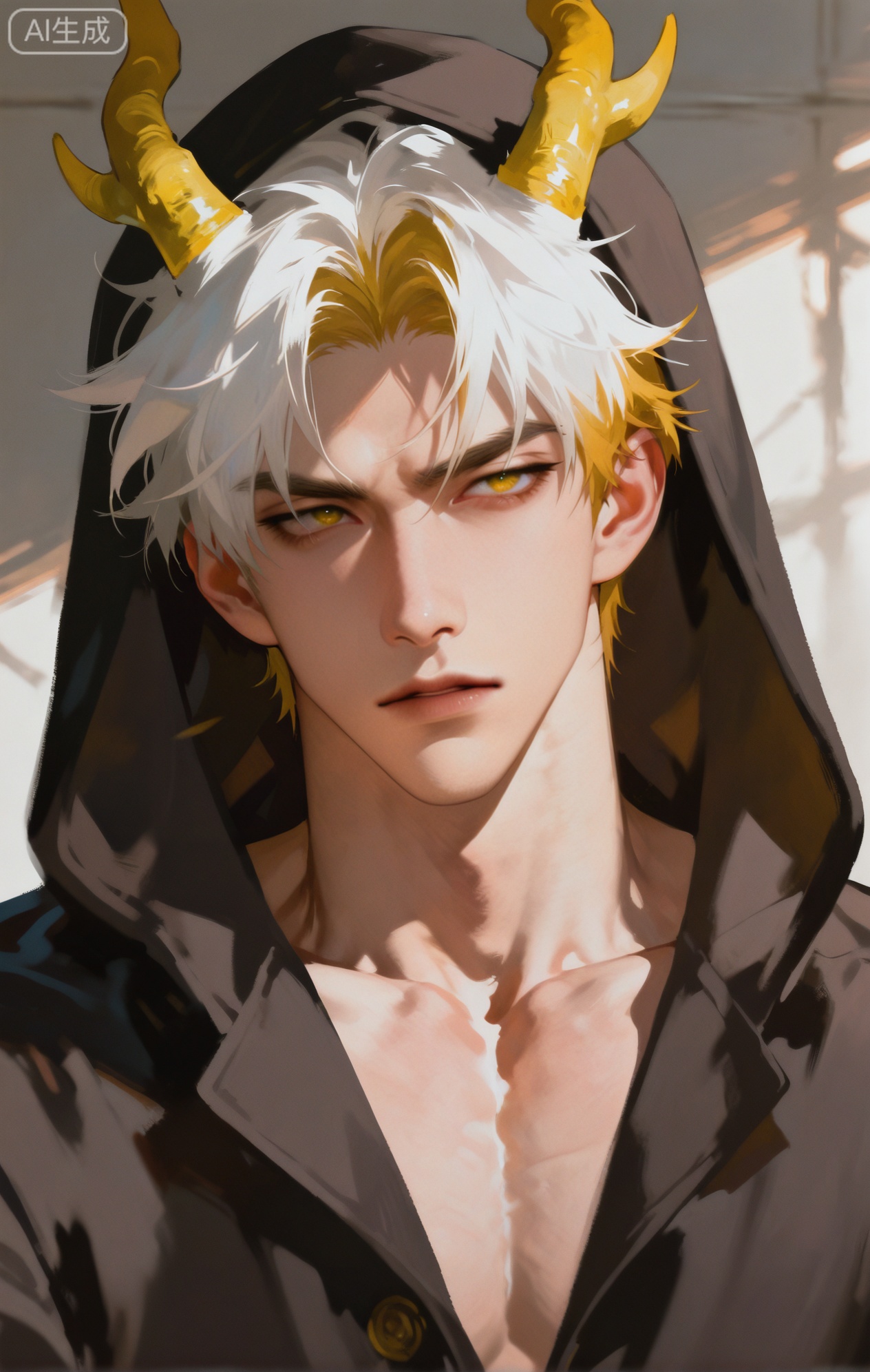 Small note art style,,xiaozhitiao,yu xuan,multicolored hair,White dragon tail,White dragon horns,yellow eyes,white hair,blonde hair,1boy,bangs ,socks,white socks,dianmei



(artist:mazjojo:0.53),(artist:pigeon666:0.37),(artist:zawar379:0.57),(artist:remsrar:0.35),(artist:yoneyama mai:0.64),(yokoyari mengo:0.6),1boy,male focus,portrait,close - up,short, spiky hair,hooded pajamas,hood up, a black leather - like scarf tightly wrapped around neck, defined abs (visible through the thin fabric of the pajama top), dim light in the background, creating a contrast with the illuminated face, intense expression, sharp - angled face, thin lips slightly pursed, deep - set eyes with a dark brown color, furrowed brows, concentrating deeply, the pajama hood has silver - colored drawstrings